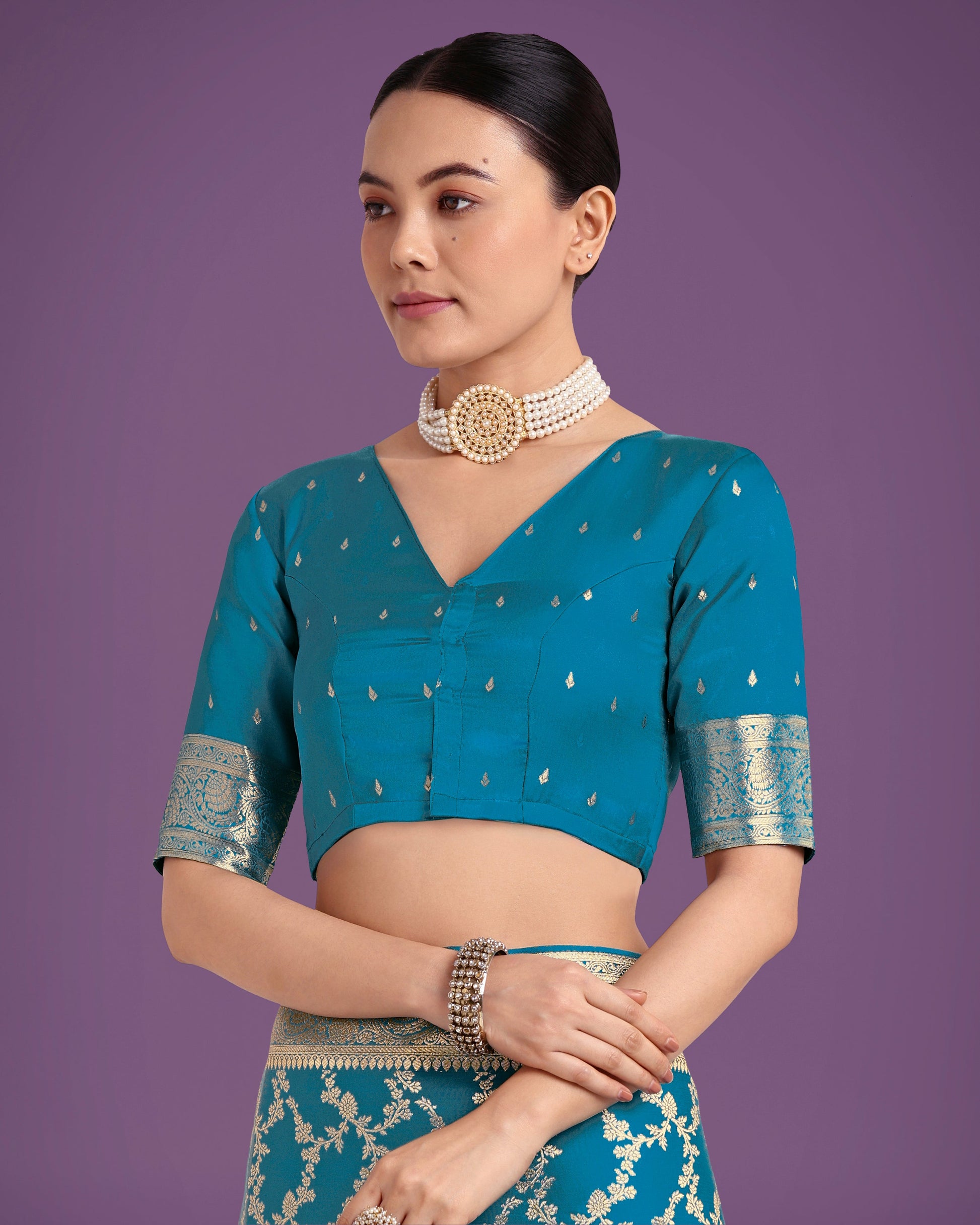 Monjolika Fashion Stunning Cyan blue Banarasi Satin Silk Golden Meenakari Work Saree | Swadesiicart