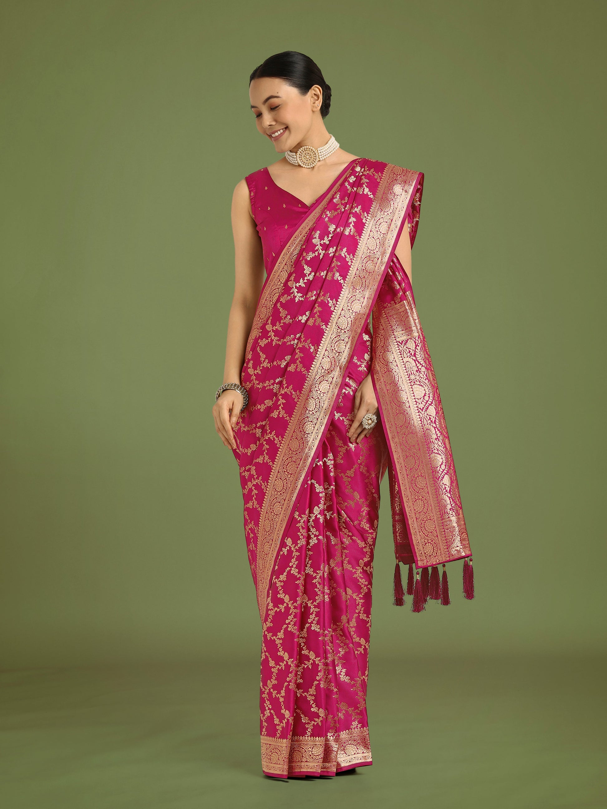 Monjolika Fashion Stunning Rani Pink Banarasi Satin Silk Golden Meenakari Work Saree | Swadesiicart