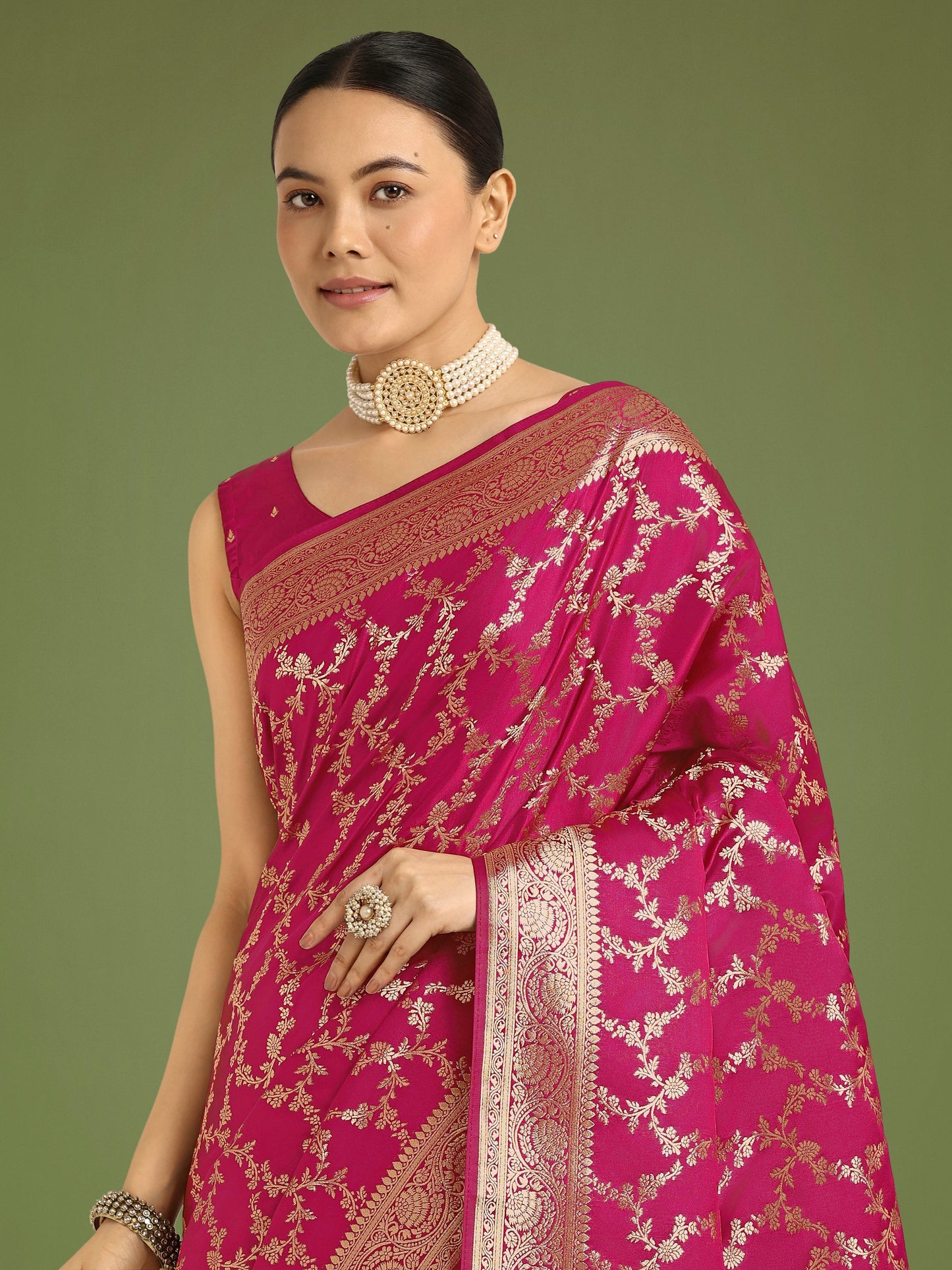 Monjolika Fashion Stunning Rani Pink Banarasi Satin Silk Golden Meenakari Work Saree | Swadesiicart