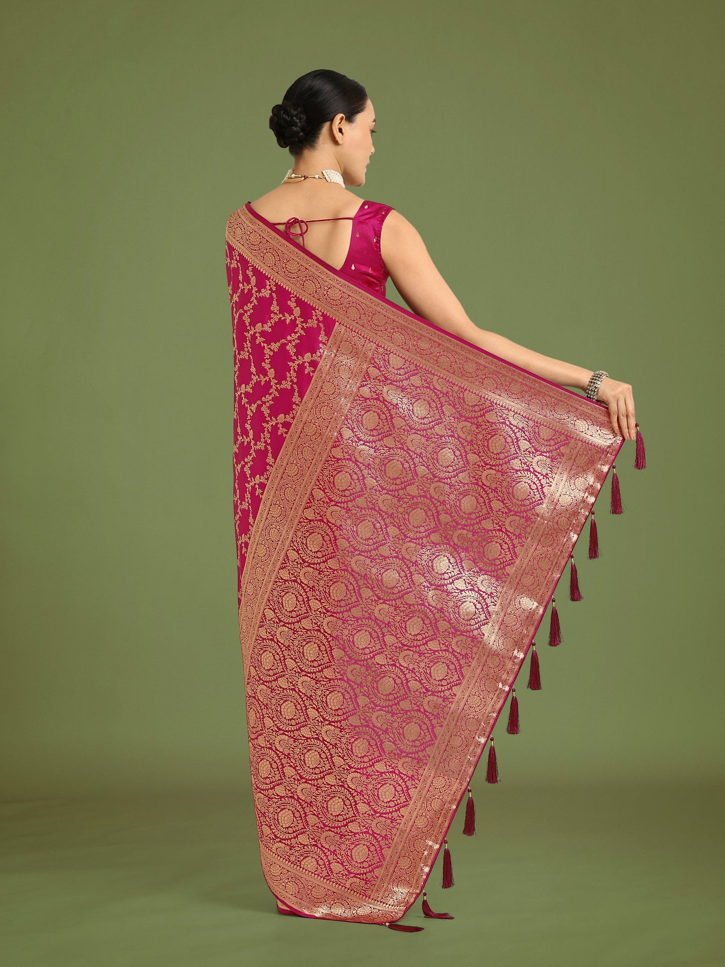 Monjolika Fashion Stunning Rani Pink Banarasi Satin Silk Golden Meenakari Work Saree | Swadesiicart