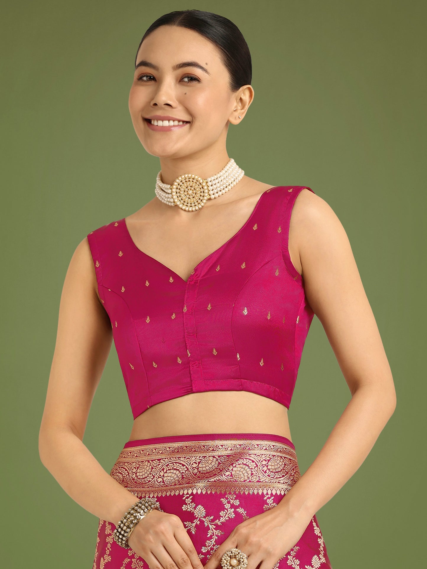 Monjolika Fashion Stunning Rani Pink Banarasi Satin Silk Golden Meenakari Work Saree | Swadesiicart