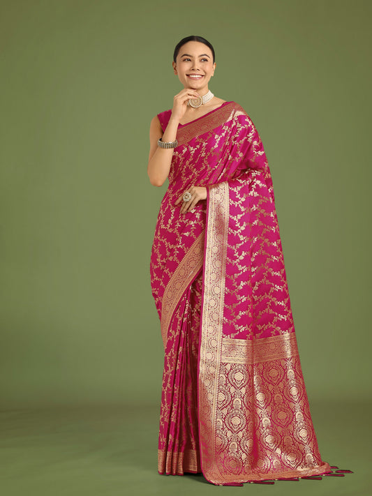 Monjolika Fashion Stunning Rani Pink Banarasi Satin Silk Golden Meenakari Work Saree | Swadesiicart
