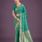 Monjolika Fashion Stunning Turquoise Banarasi Satin Silk Golden Meenakari Work Saree | Swadesiicart