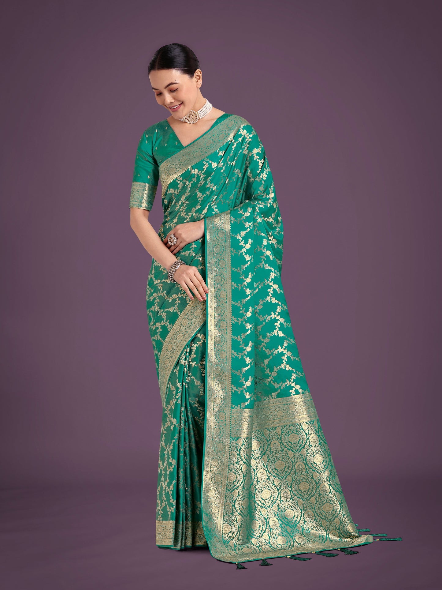 Monjolika Fashion Stunning Turquoise Banarasi Satin Silk Golden Meenakari Work Saree | Swadesiicart