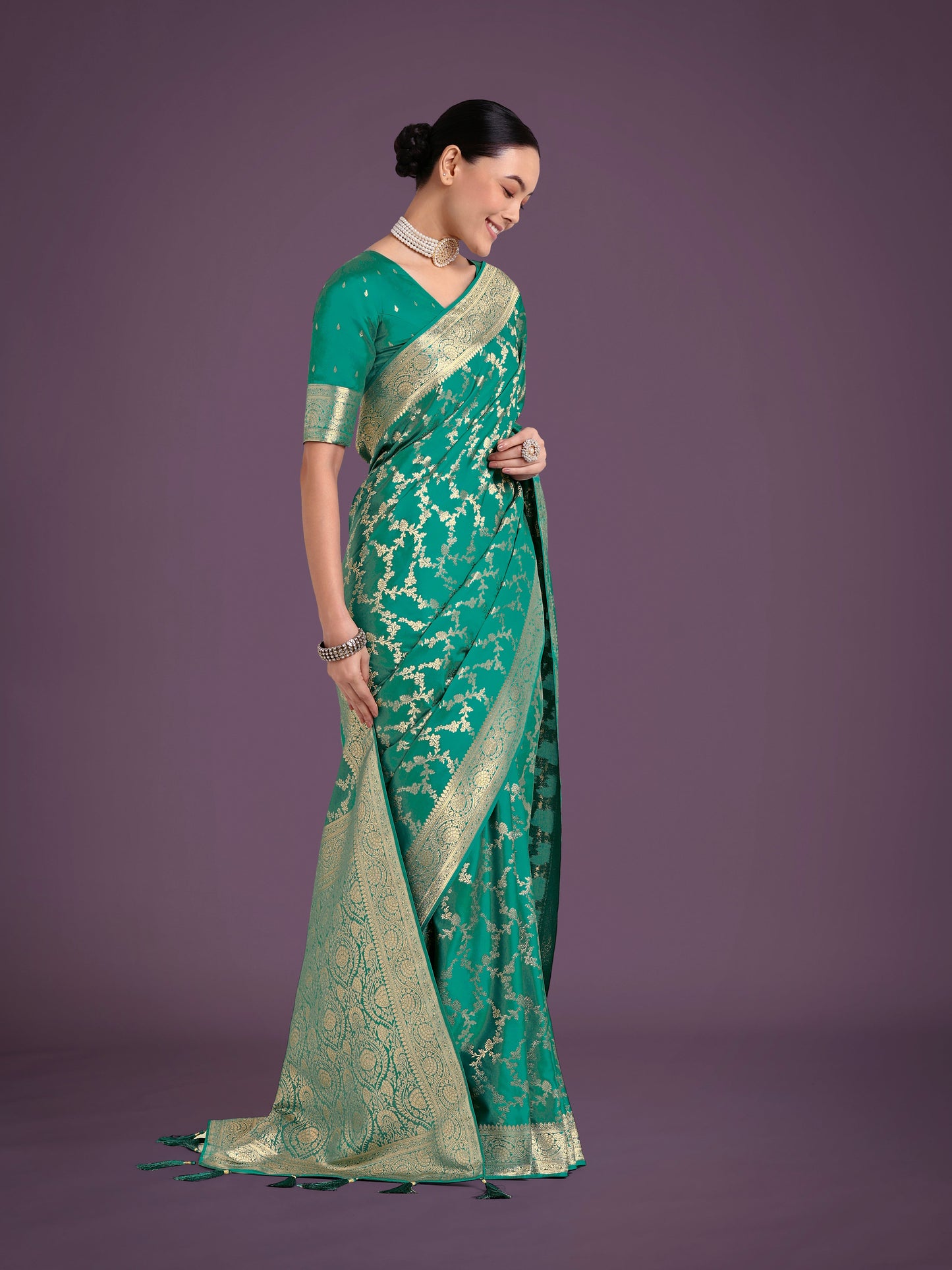 Monjolika Fashion Stunning Turquoise Banarasi Satin Silk Golden Meenakari Work Saree | Swadesiicart