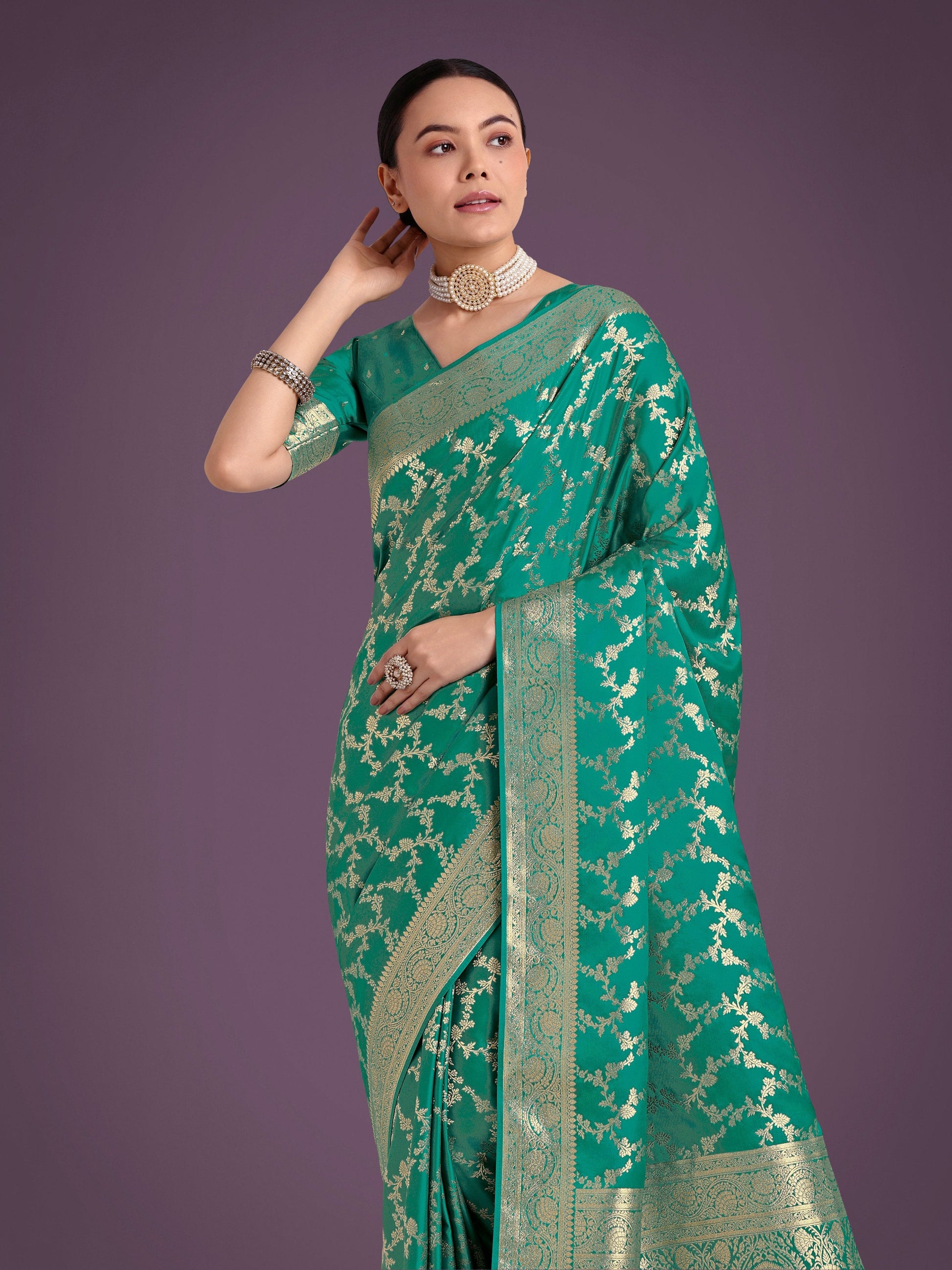 Monjolika Fashion Stunning Turquoise Banarasi Satin Silk Golden Meenakari Work Saree | Swadesiicart