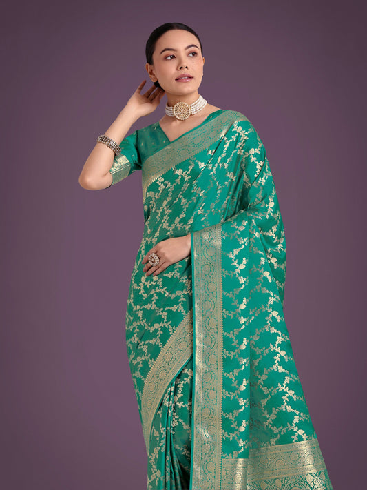 Monjolika Fashion Stunning Turquoise Banarasi Satin Silk Golden Meenakari Work Saree | Swadesiicart