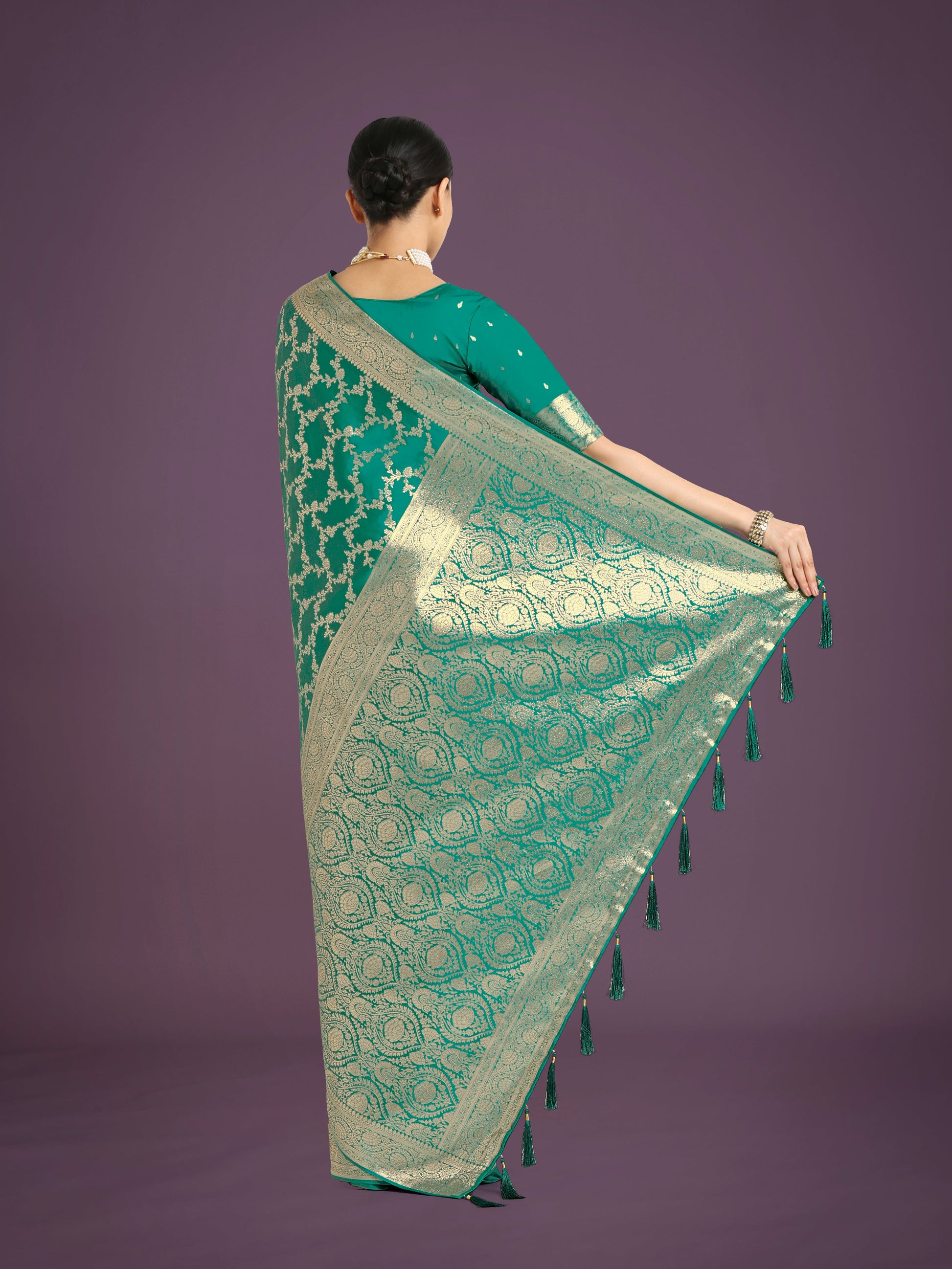 Monjolika Fashion Stunning Turquoise Banarasi Satin Silk Golden Meenakari Work Saree | Swadesiicart