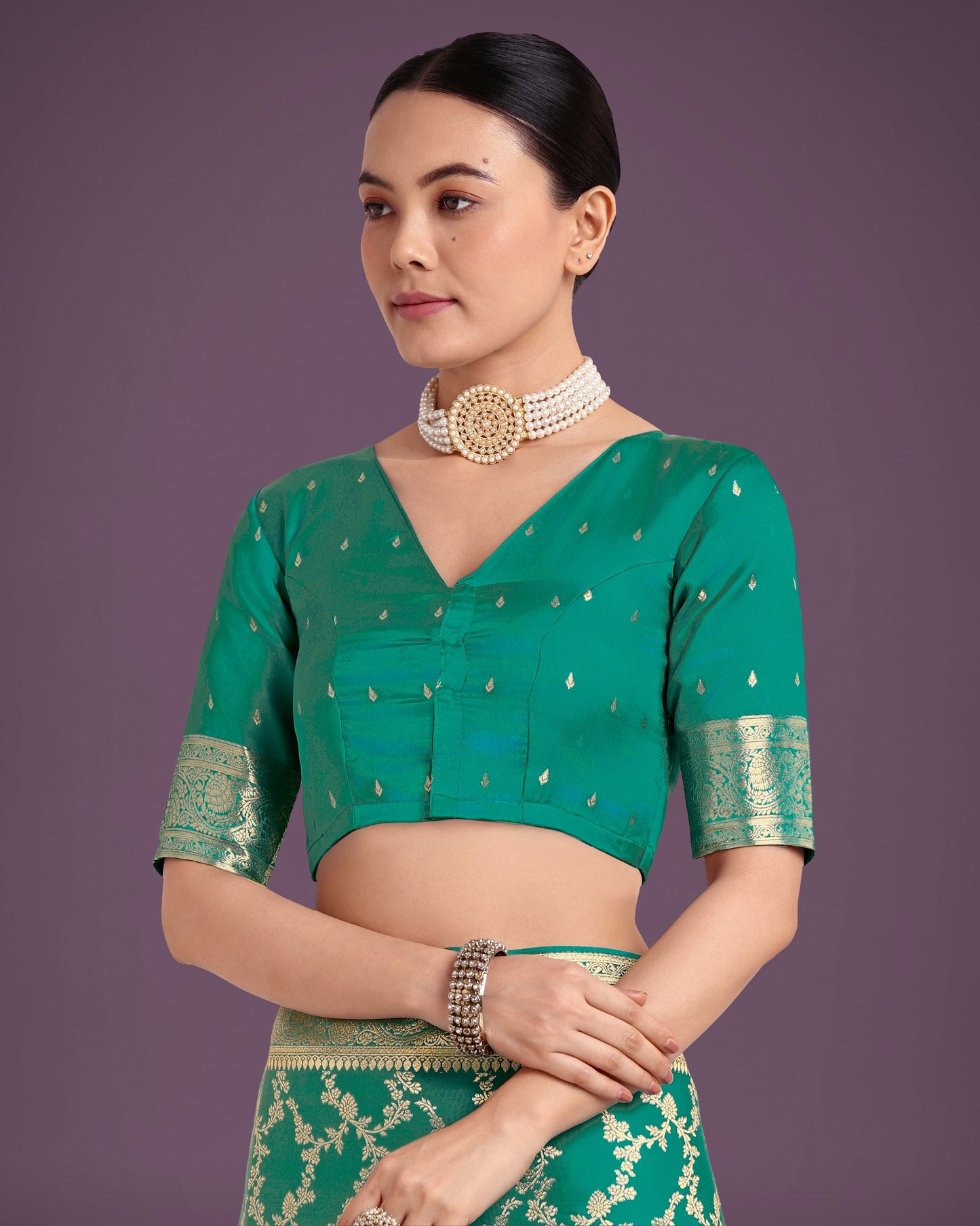 Monjolika Fashion Stunning Turquoise Banarasi Satin Silk Golden Meenakari Work Saree | Swadesiicart