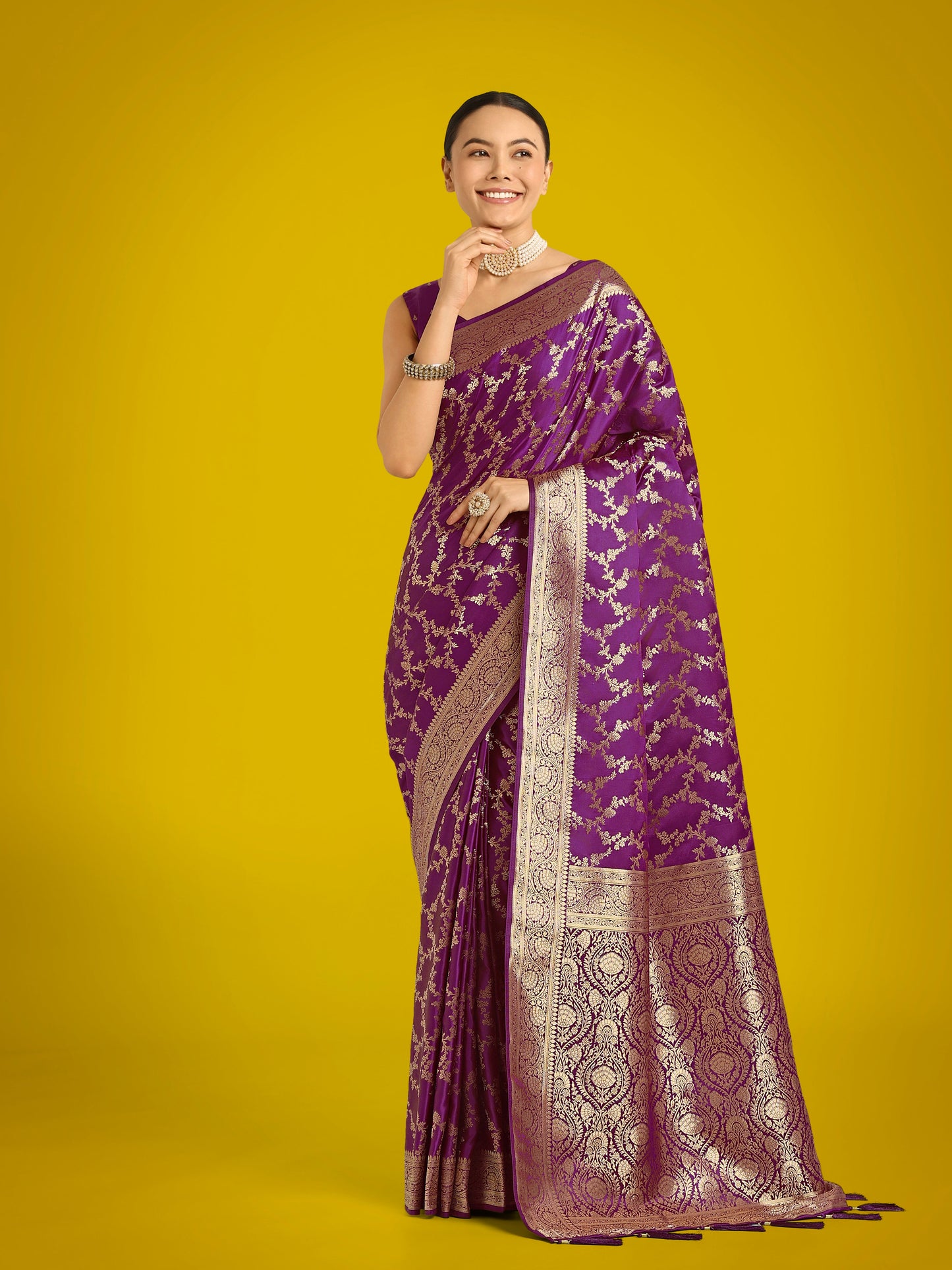 Monjolika Fashion Stunning Purple Banarasi Satin Silk Golden Meenakari Work Saree | Swadesiicart