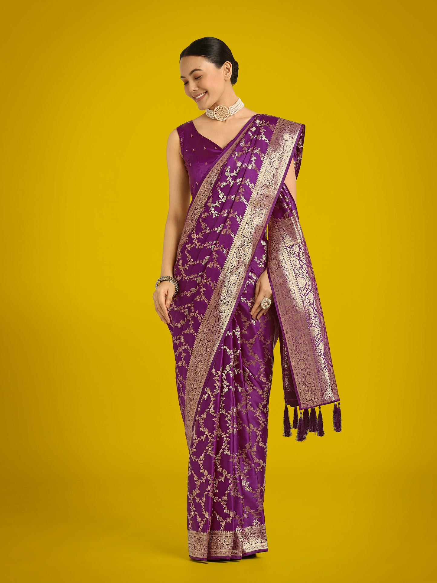 Monjolika Fashion Stunning Purple Banarasi Satin Silk Golden Meenakari Work Saree | Swadesiicart