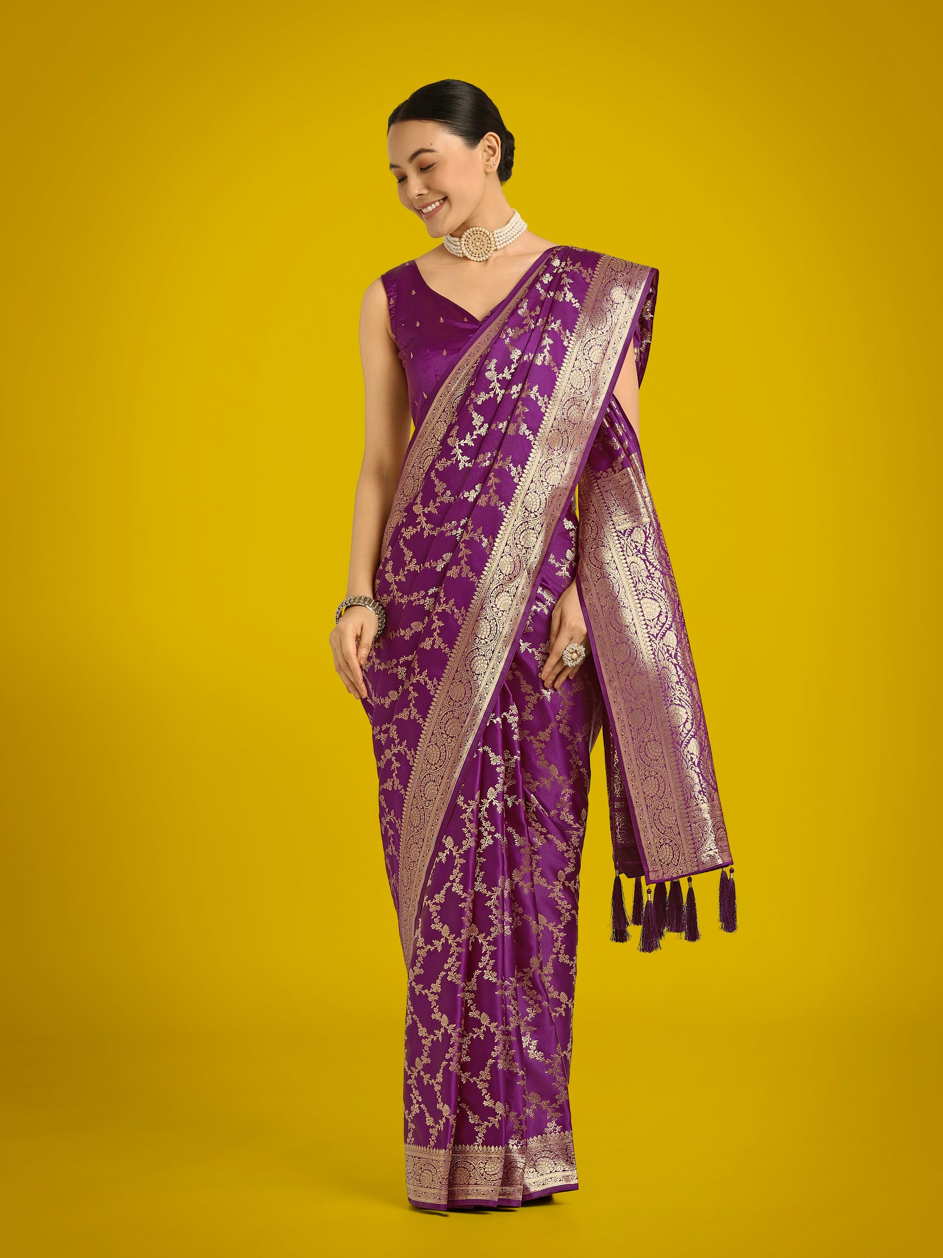 Monjolika Fashion Stunning Purple Banarasi Satin Silk Golden Meenakari Work Saree | Swadesiicart