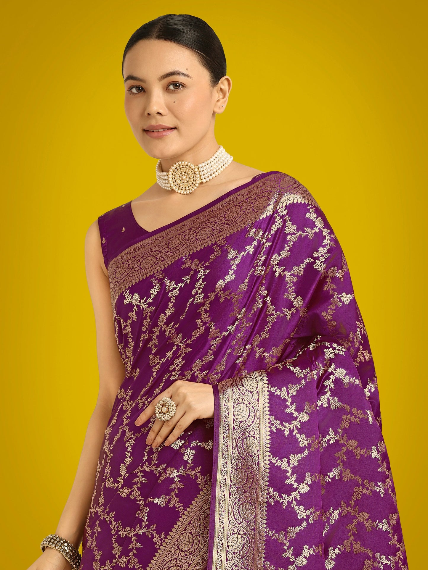 Monjolika Fashion Stunning Purple Banarasi Satin Silk Golden Meenakari Work Saree | Swadesiicart