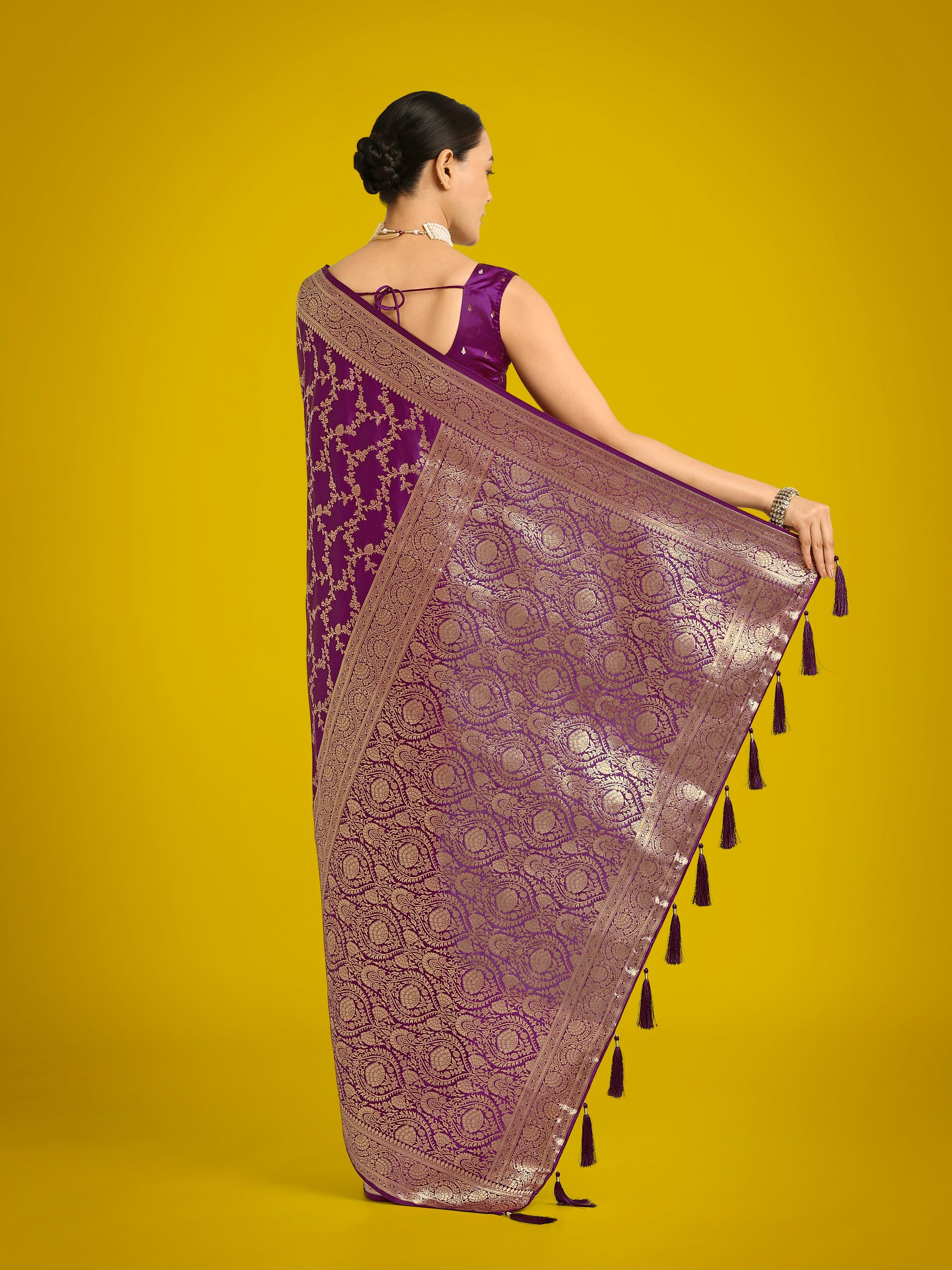 Monjolika Fashion Stunning Purple Banarasi Satin Silk Golden Meenakari Work Saree | Swadesiicart