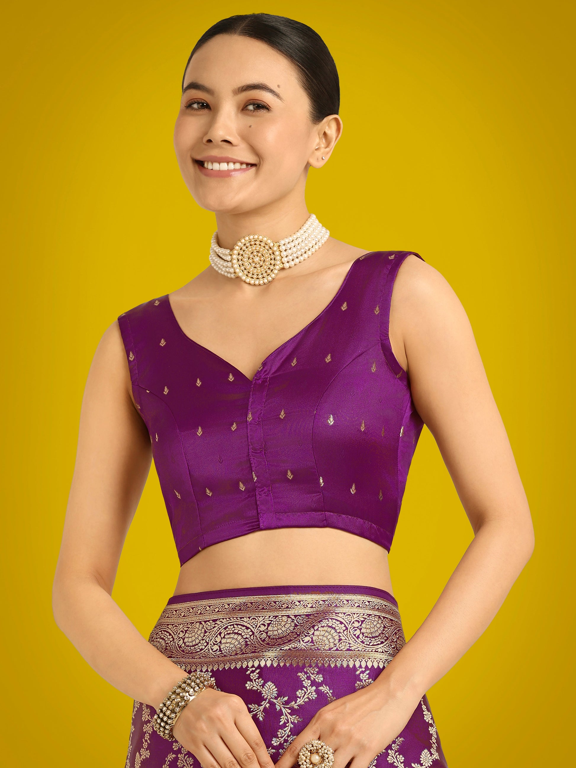 Monjolika Fashion Stunning Purple Banarasi Satin Silk Golden Meenakari Work Saree | Swadesiicart