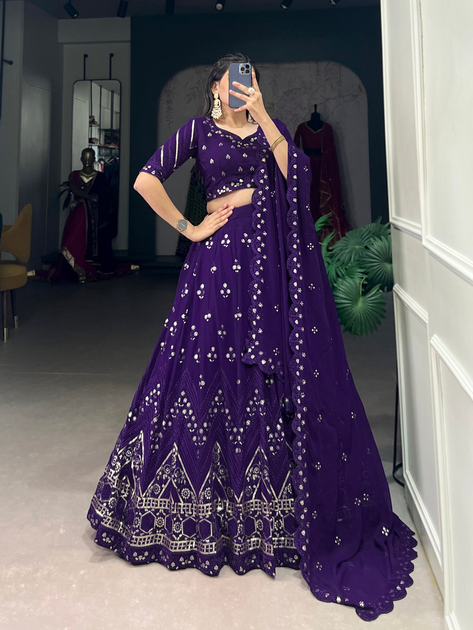 Lorenvalley Purple Georgette Sequins and Thread Embroidery Work Lehenga Choli | Swadesiicart