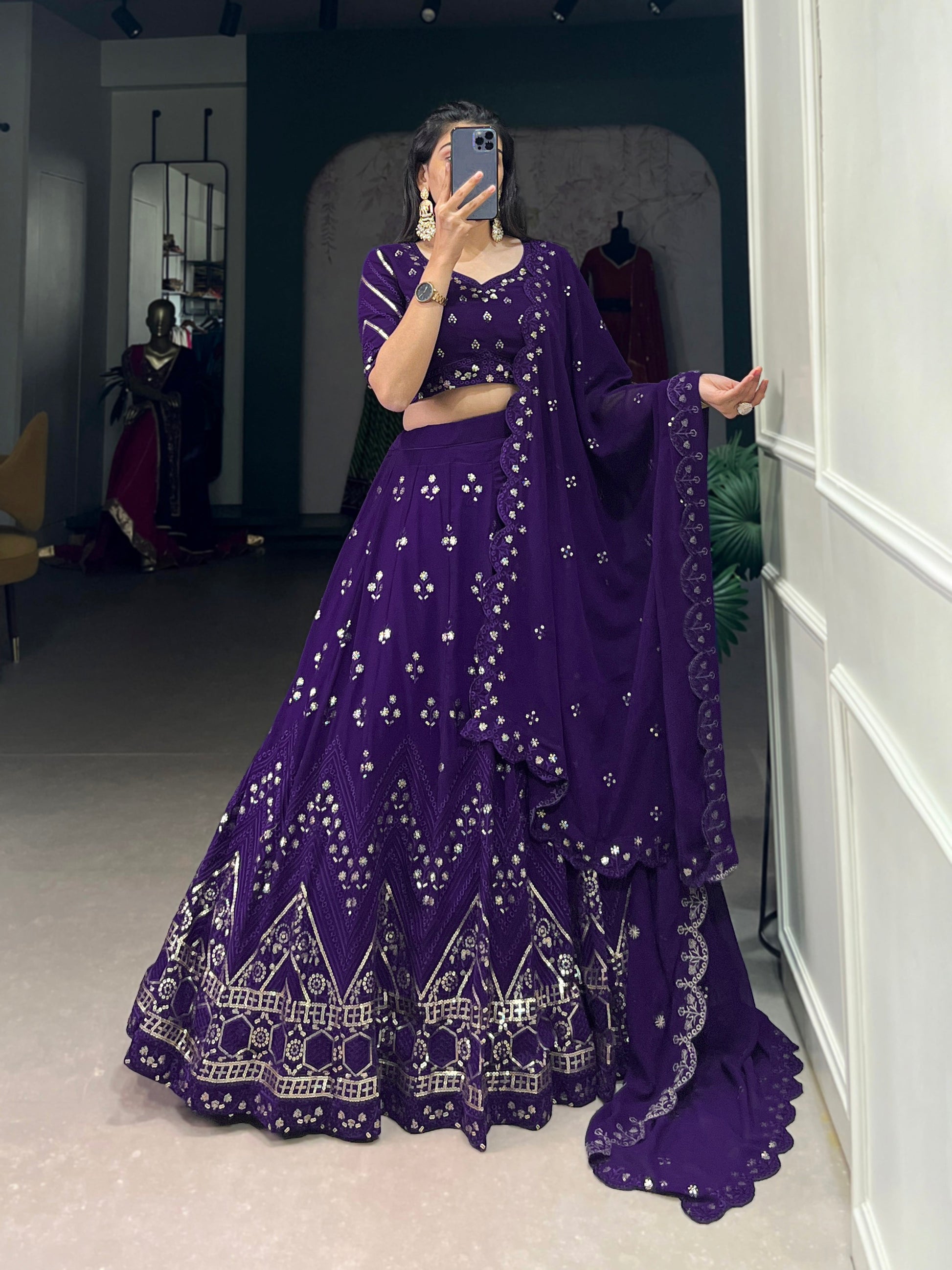 Lorenvalley Purple Georgette Sequins and Thread Embroidery Work Lehenga Choli | Swadesiicart