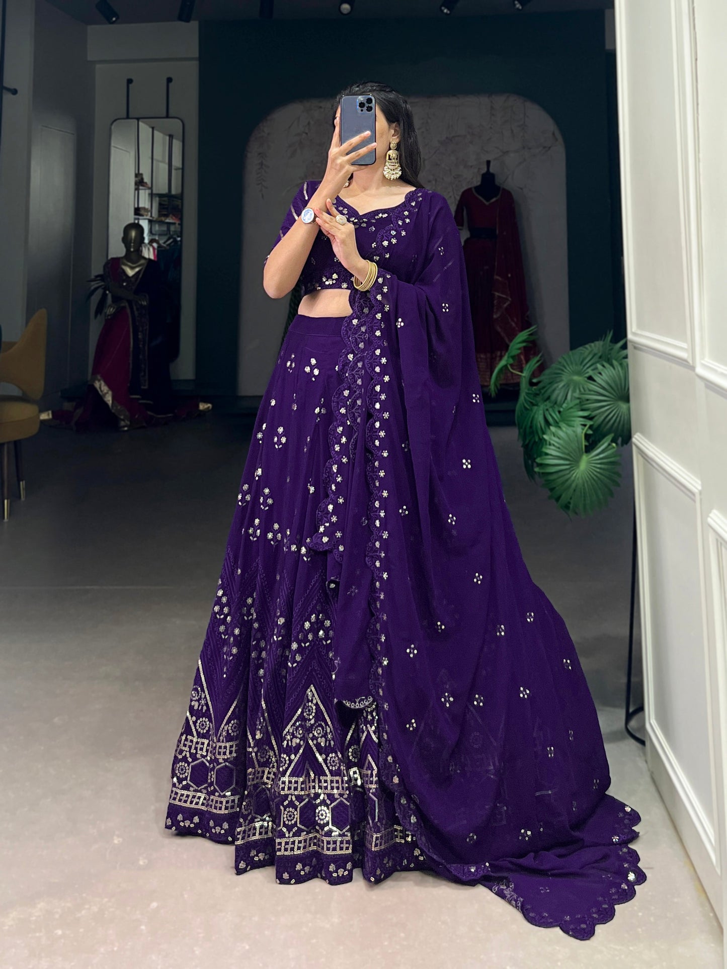 Lorenvalley Purple Georgette Sequins and Thread Embroidery Work Lehenga Choli | Swadesiicart