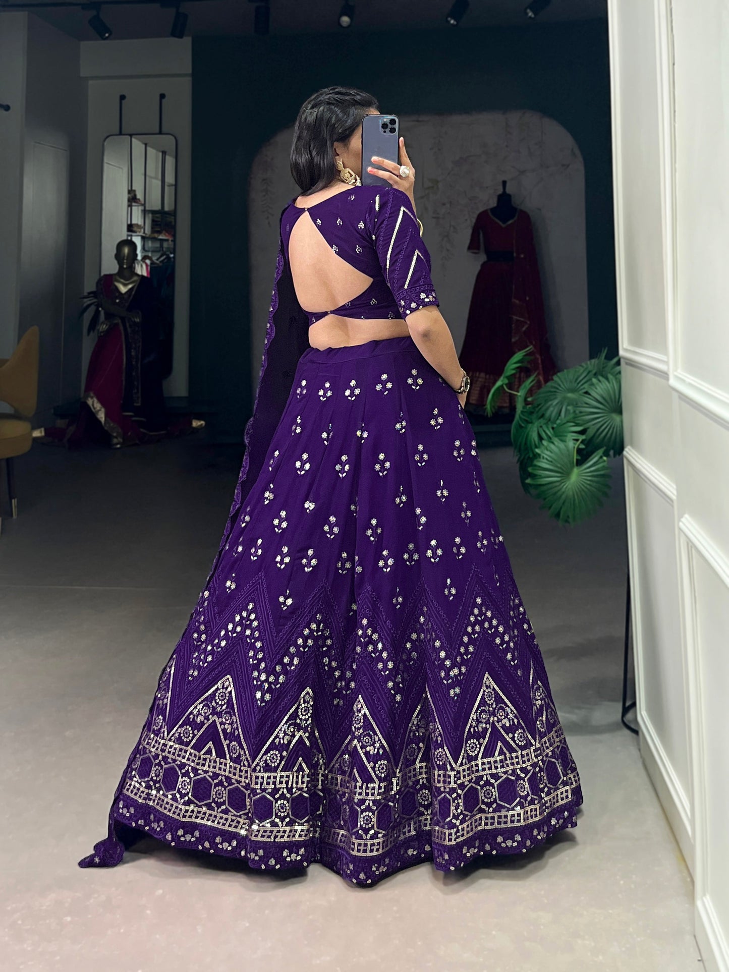 Lorenvalley Purple Georgette Sequins and Thread Embroidery Work Lehenga Choli | Swadesiicart