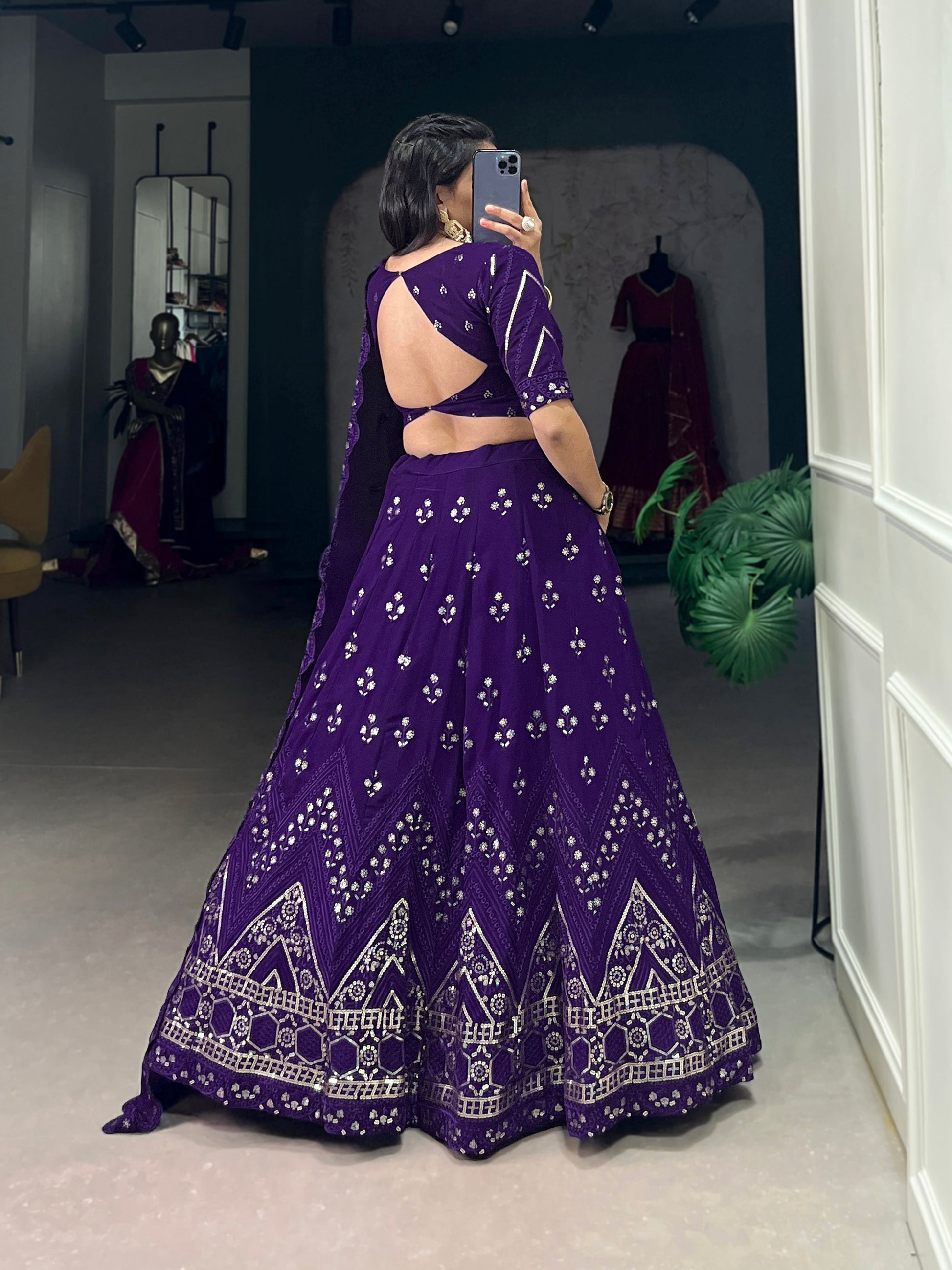 Lorenvalley Purple Georgette Sequins and Thread Embroidery Work Lehenga Choli | Swadesiicart