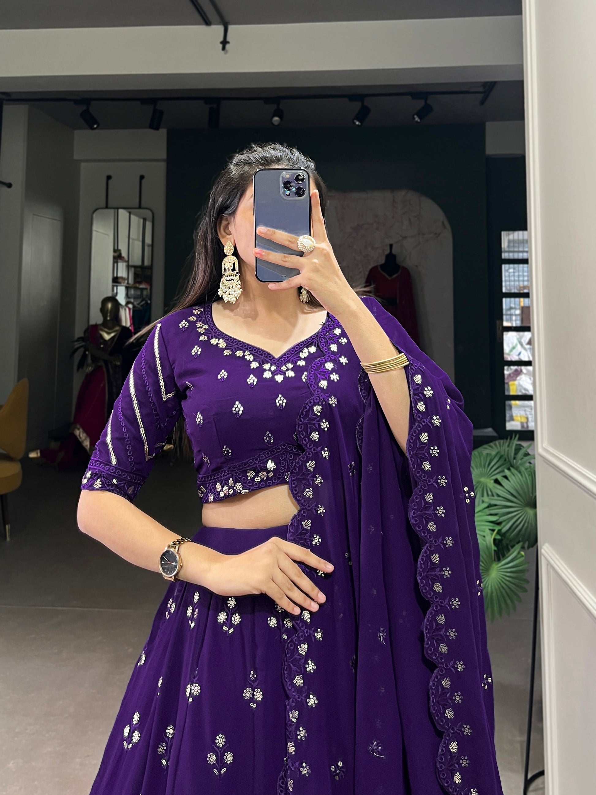 Lorenvalley Purple Georgette Sequins and Thread Embroidery Work Lehenga Choli | Swadesiicart