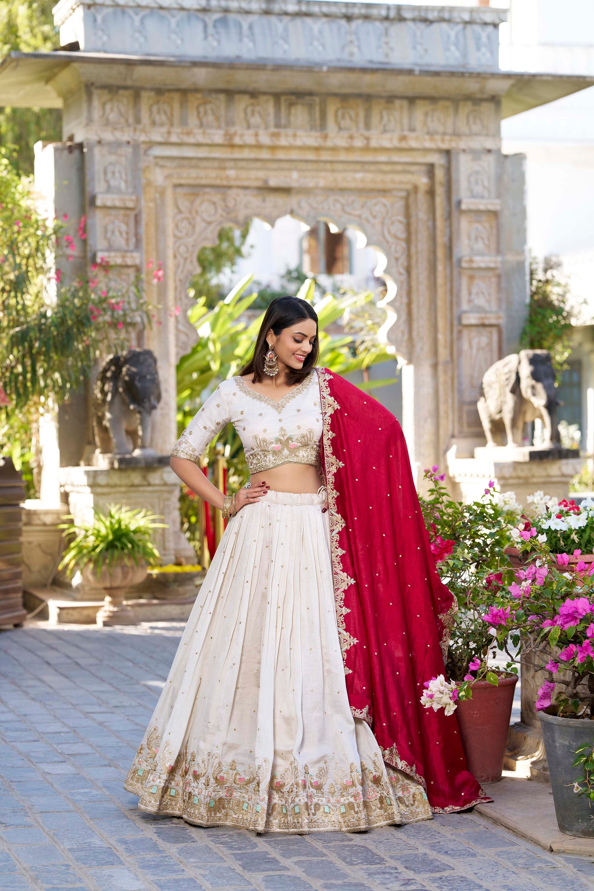 Lorenvalley OffWhite Vichitra Silk Sequins and Thread Embroidery Work Lehenga Choli | Swadesiicart
