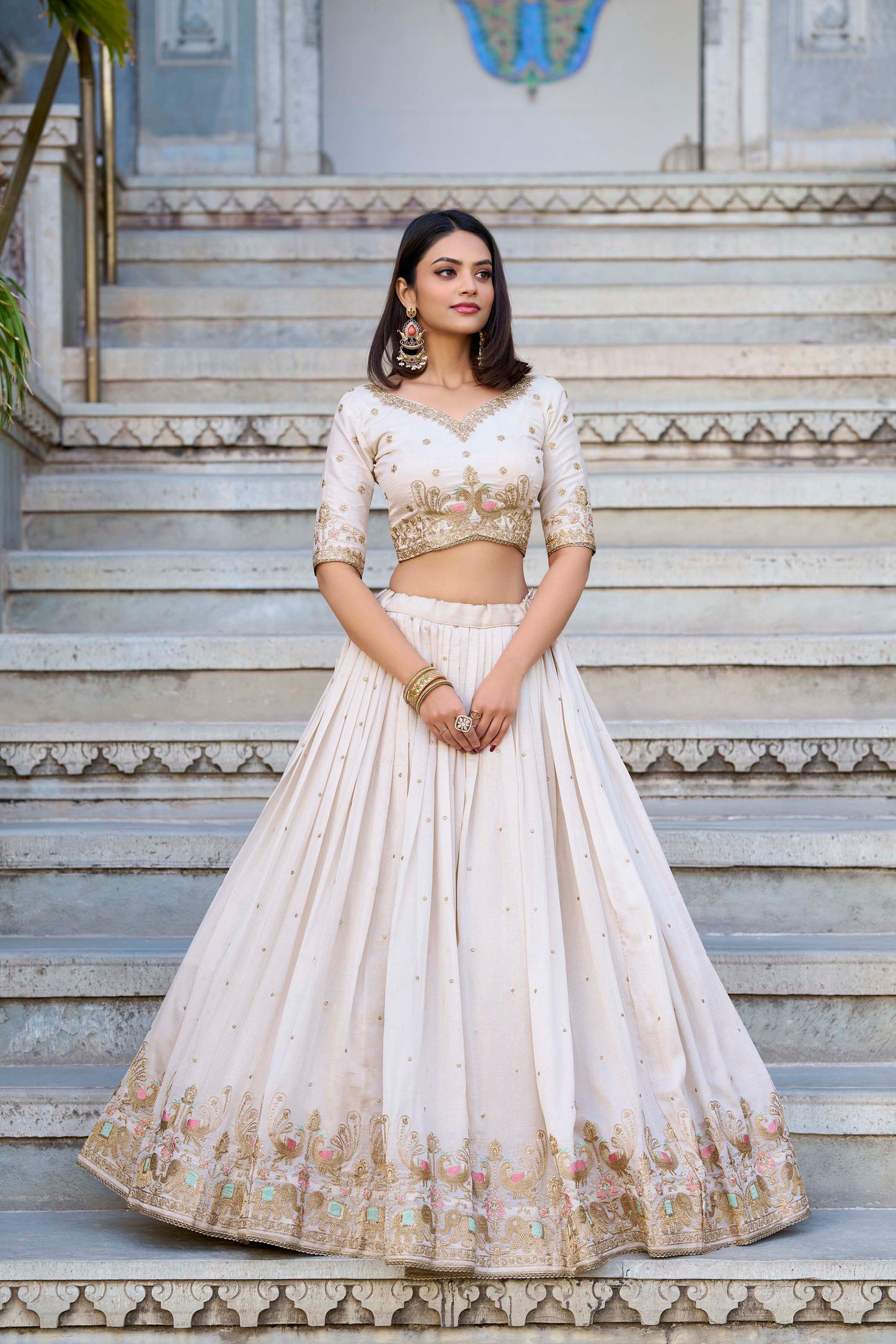 Lorenvalley OffWhite Vichitra Silk Sequins and Thread Embroidery Work Lehenga Choli | Swadesiicart