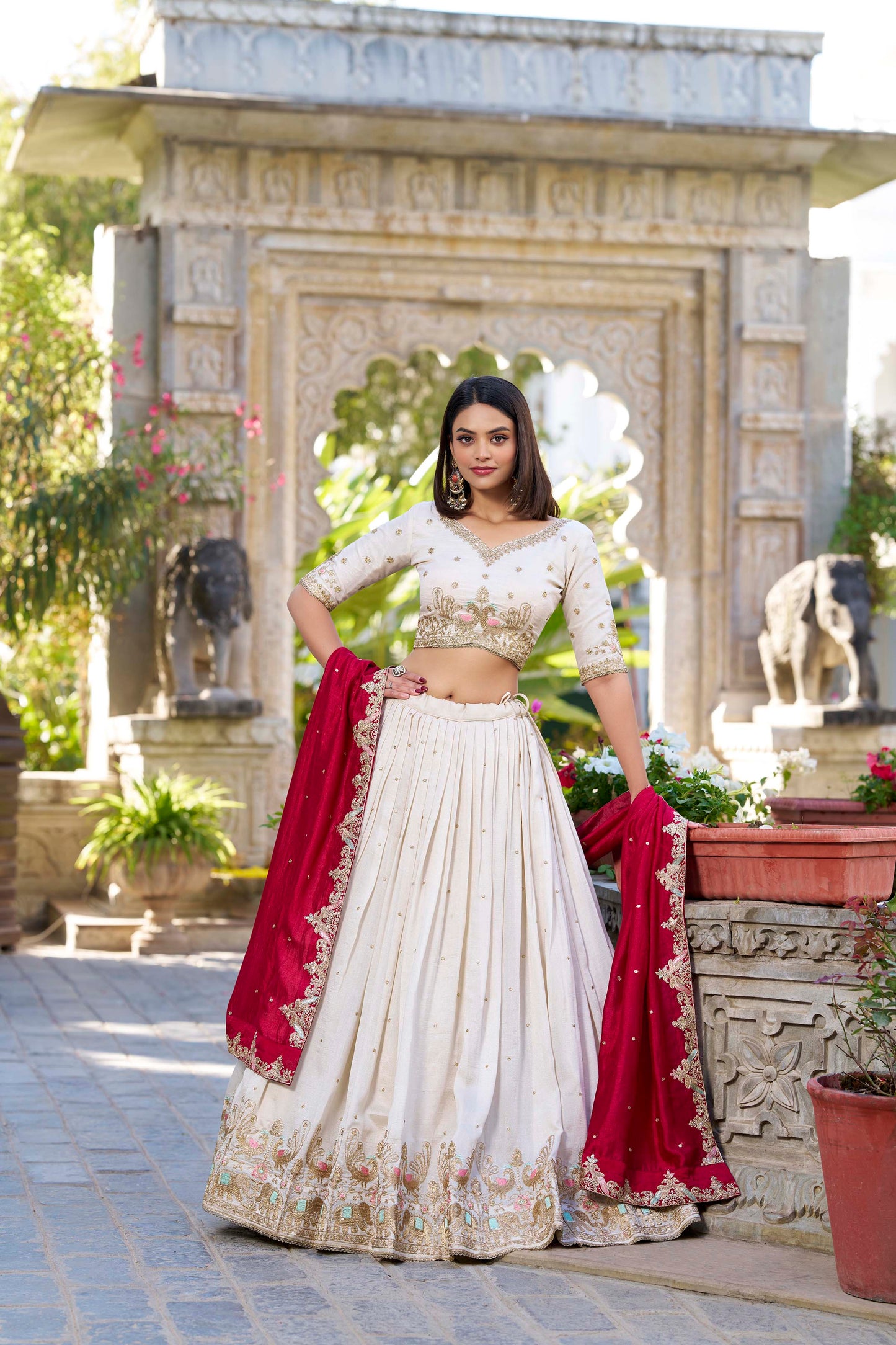 Lorenvalley OffWhite Vichitra Silk Sequins and Thread Embroidery Work Lehenga Choli | Swadesiicart