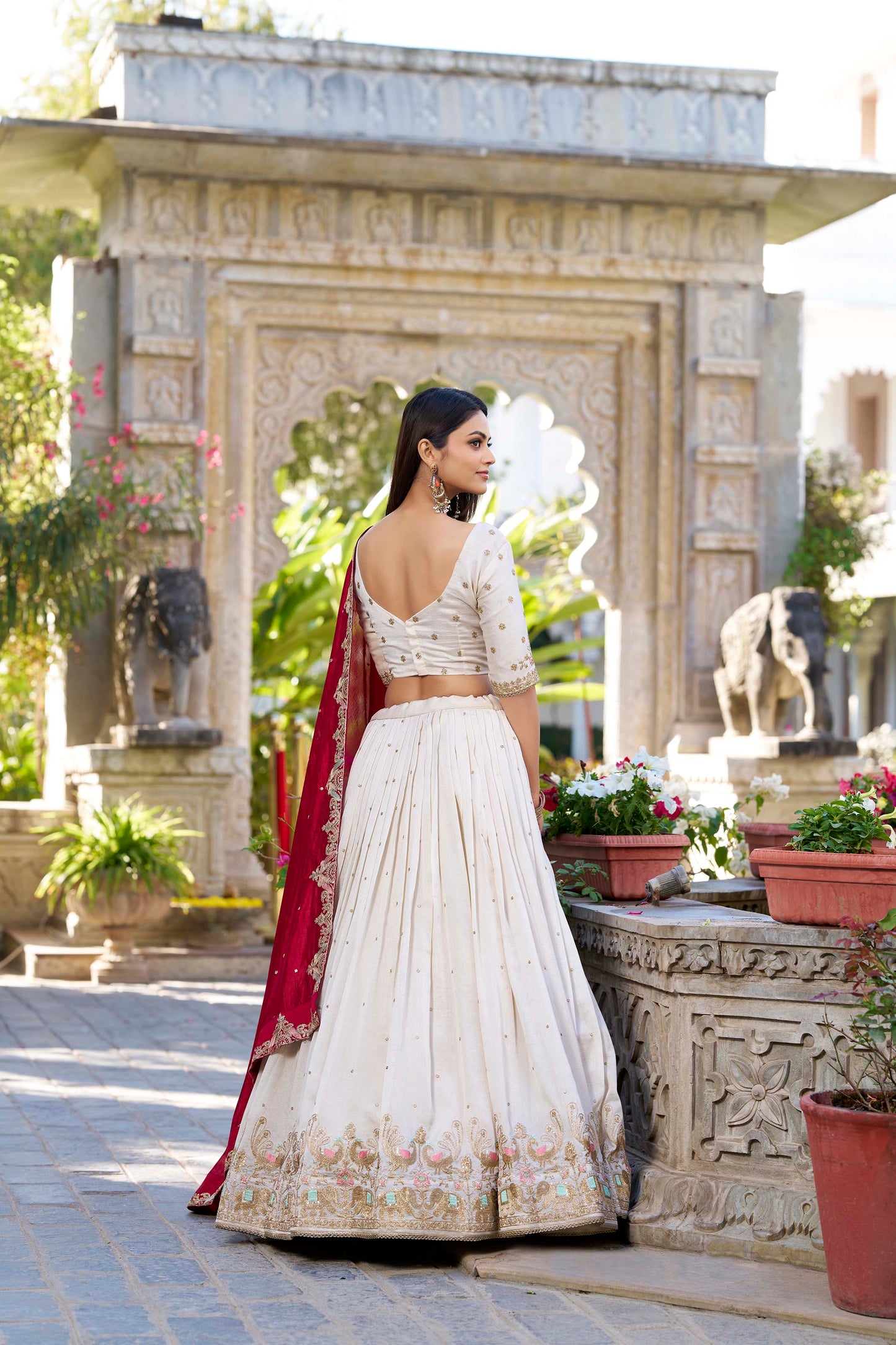 Lorenvalley OffWhite Vichitra Silk Sequins and Thread Embroidery Work Lehenga Choli | Swadesiicart