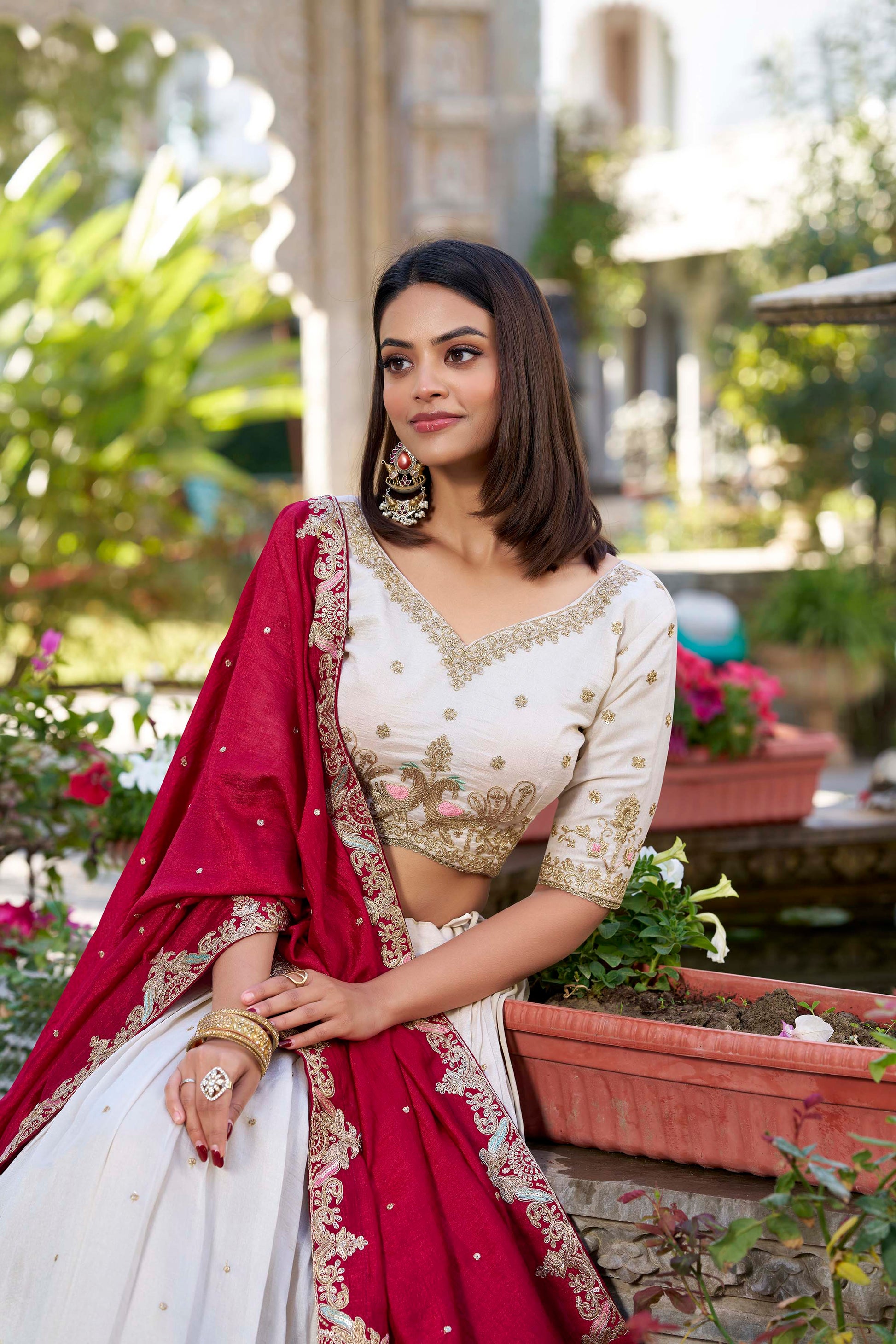 Lorenvalley OffWhite Vichitra Silk Sequins and Thread Embroidery Work Lehenga Choli | Swadesiicart