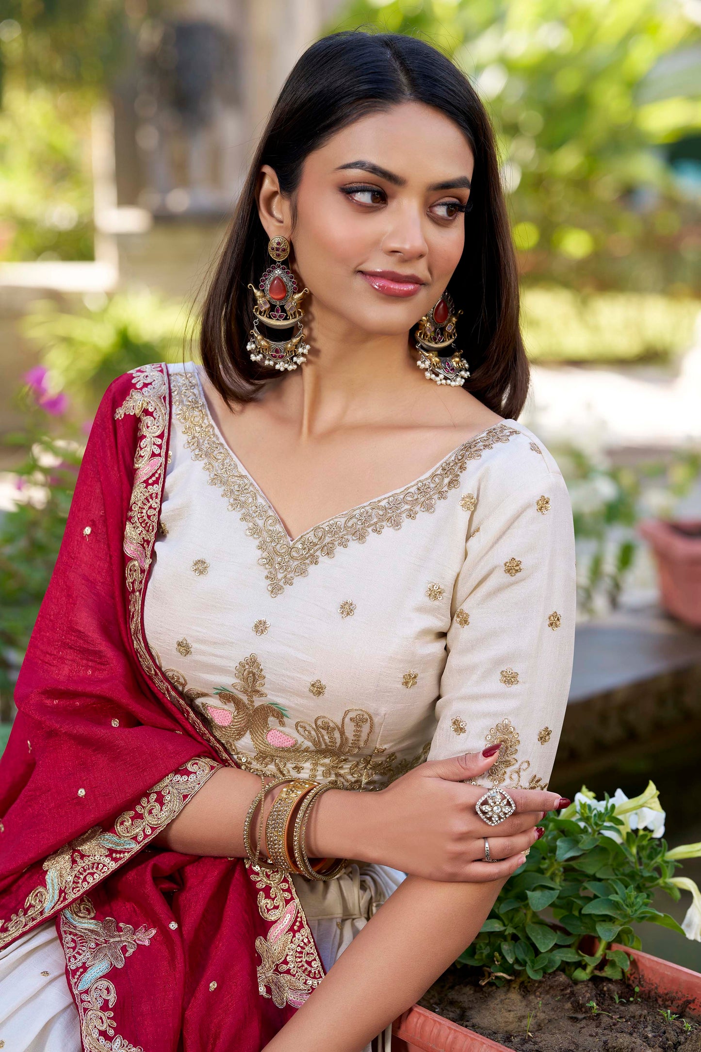 Lorenvalley OffWhite Vichitra Silk Sequins and Thread Embroidery Work Lehenga Choli | Swadesiicart