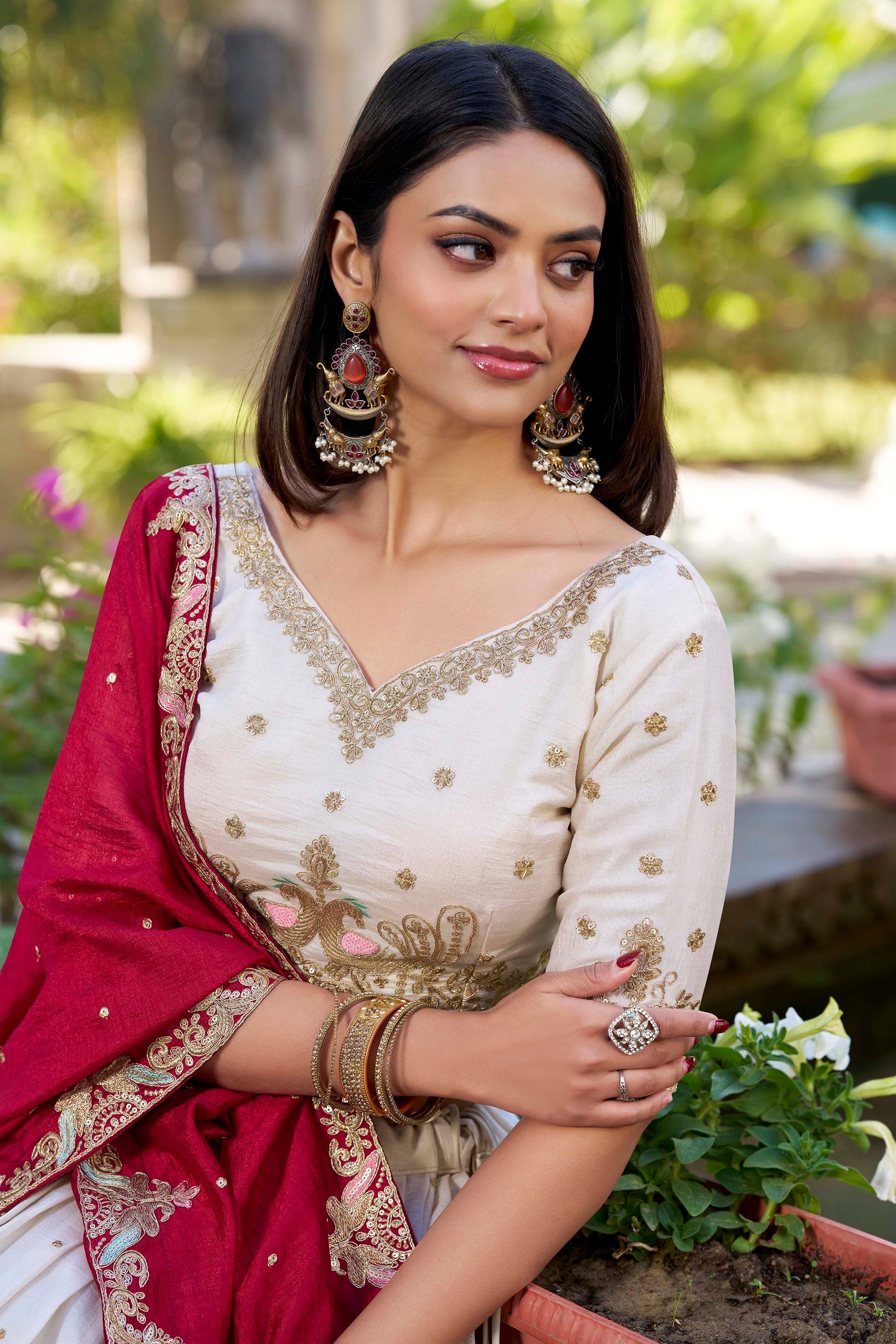 Lorenvalley OffWhite Vichitra Silk Sequins and Thread Embroidery Work Lehenga Choli | Swadesiicart