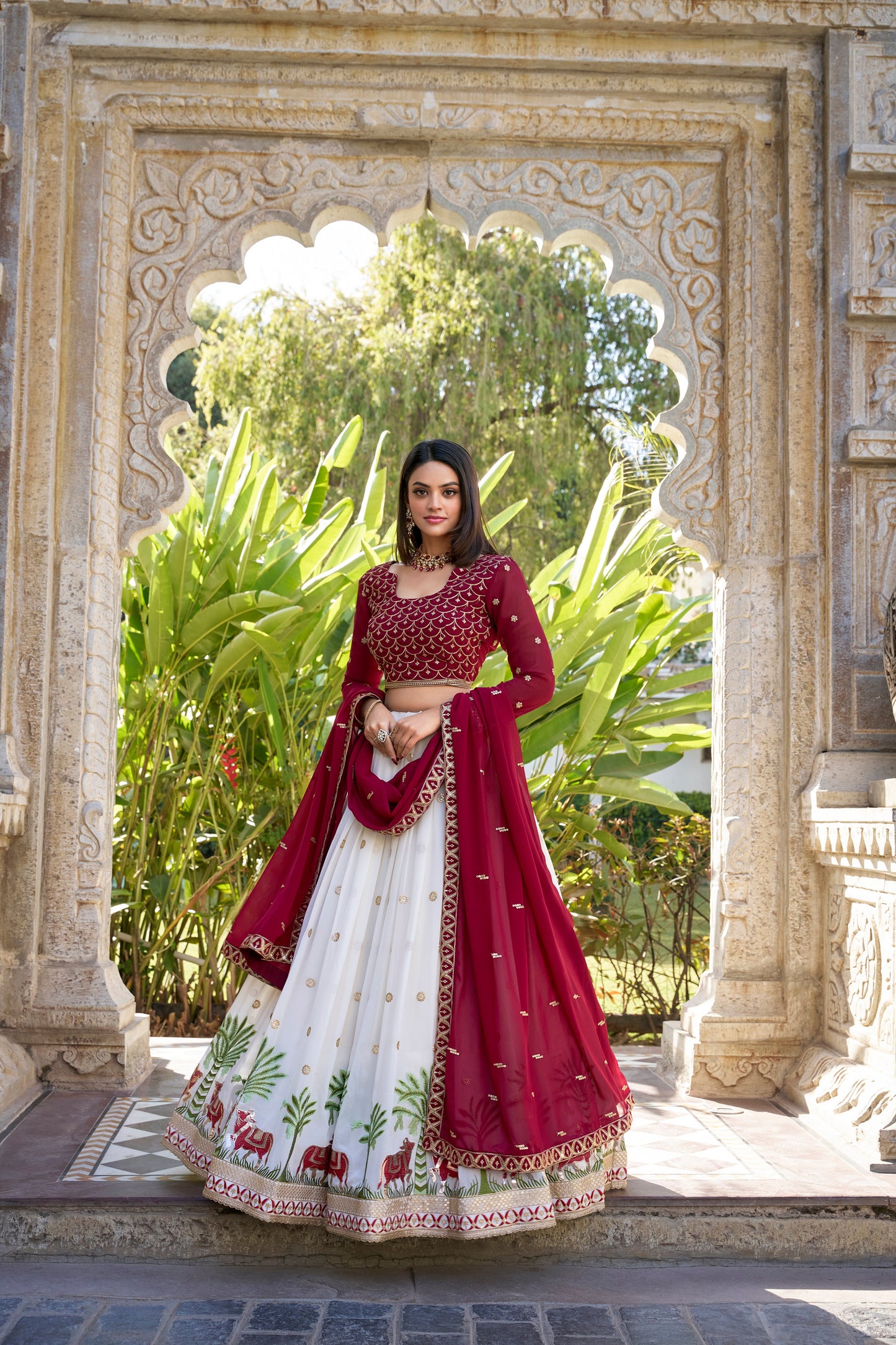 Lorenvalley White Georgette Sequins and Thread Embroidery Work With Lace Touch Up Lehenga Choli with Dupatta | Swadesiicart