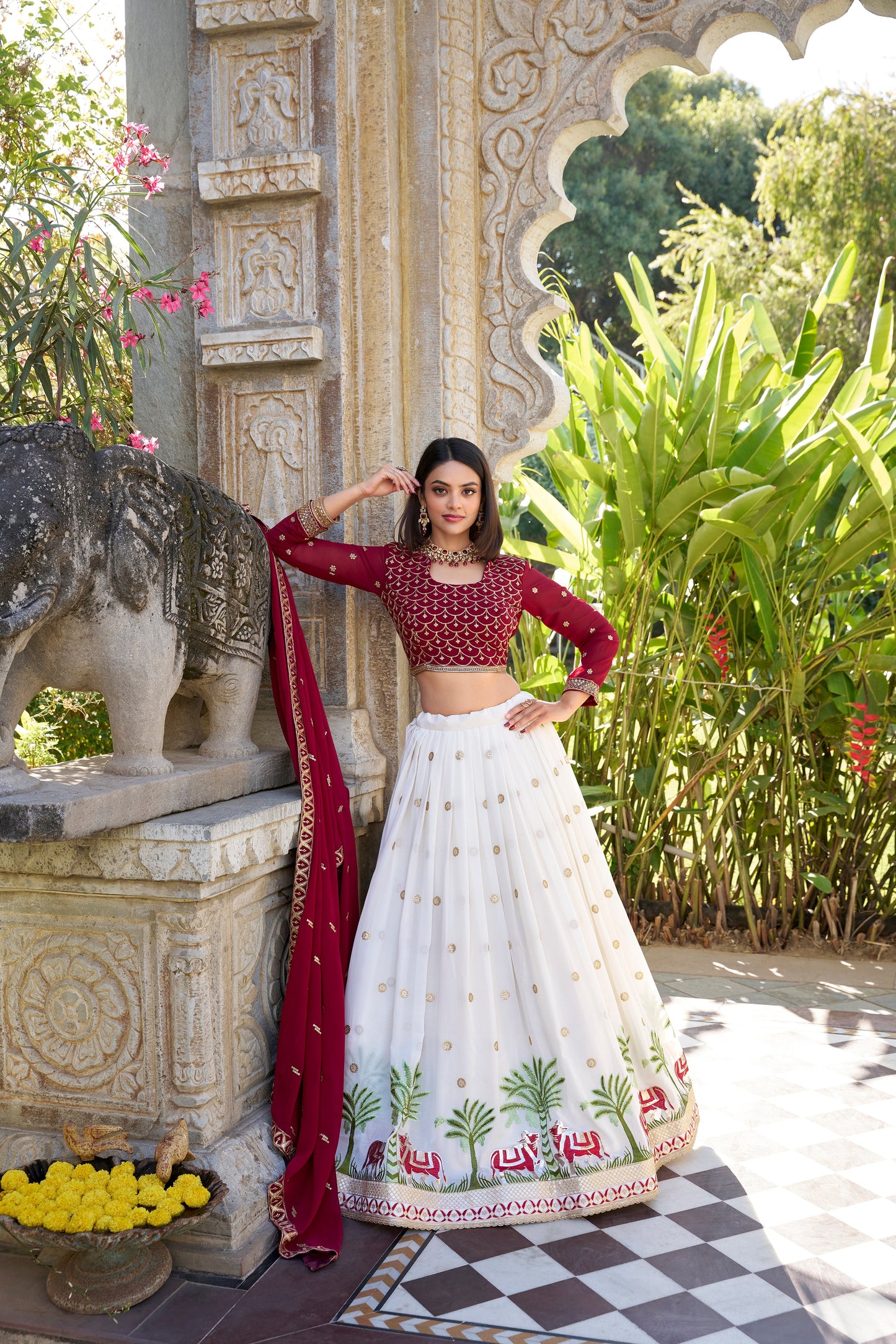 Lorenvalley White Georgette Sequins and Thread Embroidery Work With Lace Touch Up Lehenga Choli with Dupatta | Swadesiicart