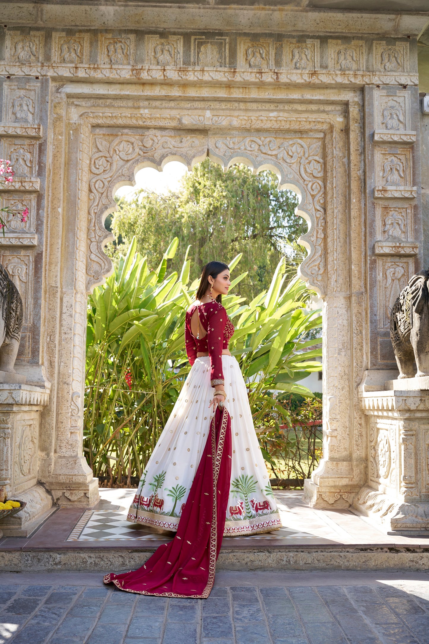 Lorenvalley White Georgette Sequins and Thread Embroidery Work With Lace Touch Up Lehenga Choli with Dupatta | Swadesiicart