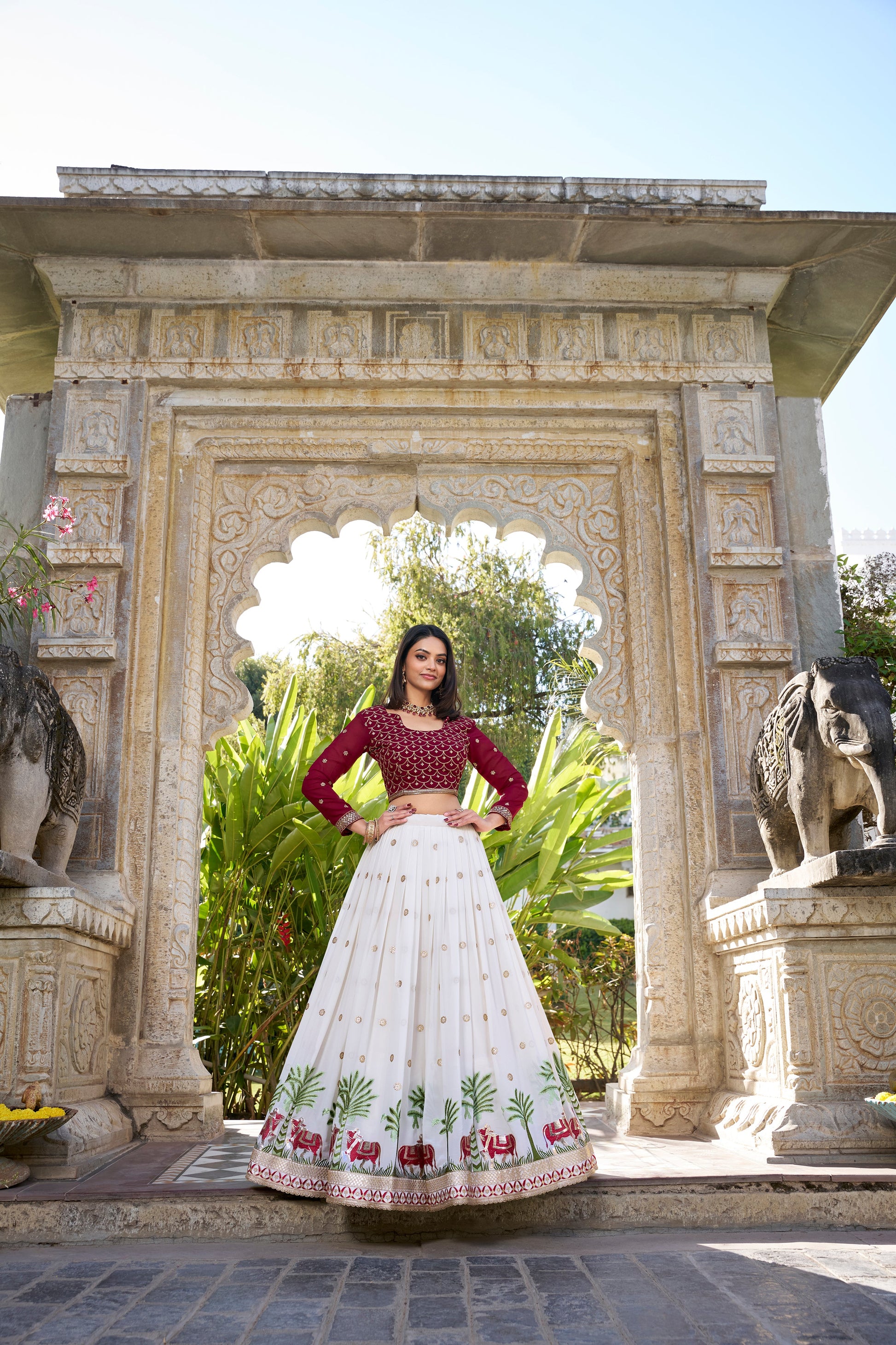 Lorenvalley White Georgette Sequins and Thread Embroidery Work With Lace Touch Up Lehenga Choli with Dupatta | Swadesiicart
