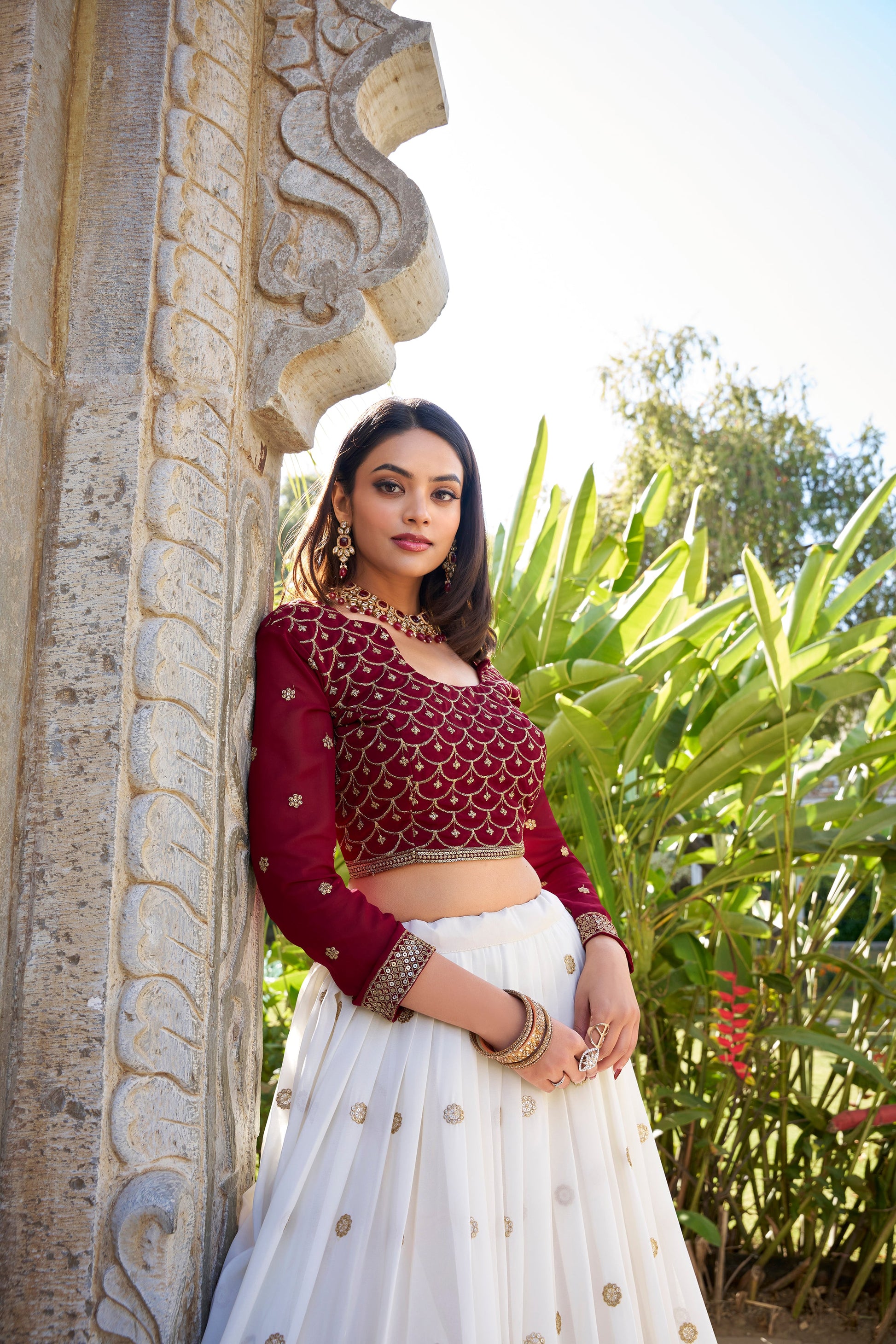 Lorenvalley White Georgette Sequins and Thread Embroidery Work With Lace Touch Up Lehenga Choli with Dupatta | Swadesiicart
