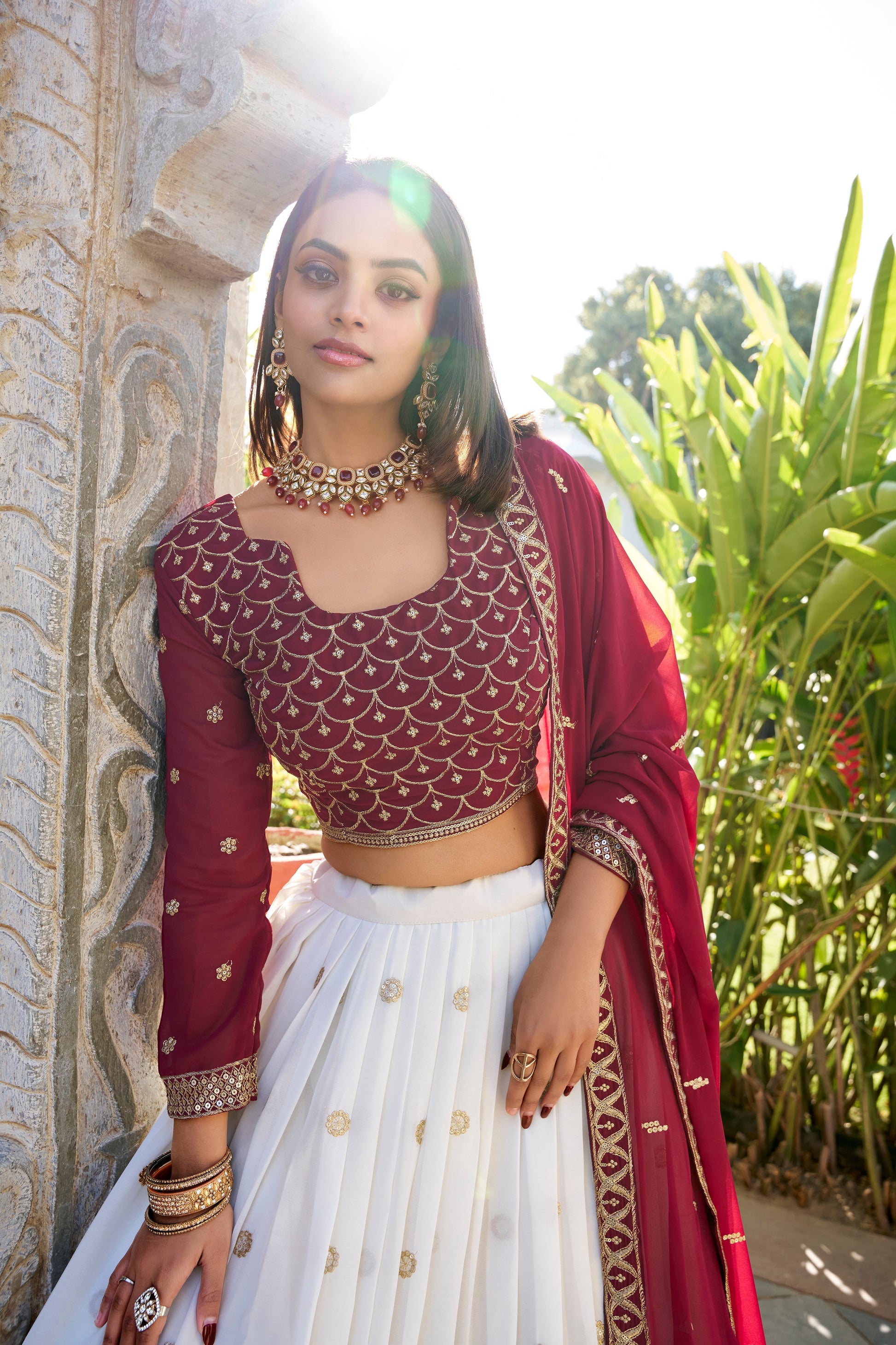 Lorenvalley White Georgette Sequins and Thread Embroidery Work With Lace Touch Up Lehenga Choli with Dupatta | Swadesiicart