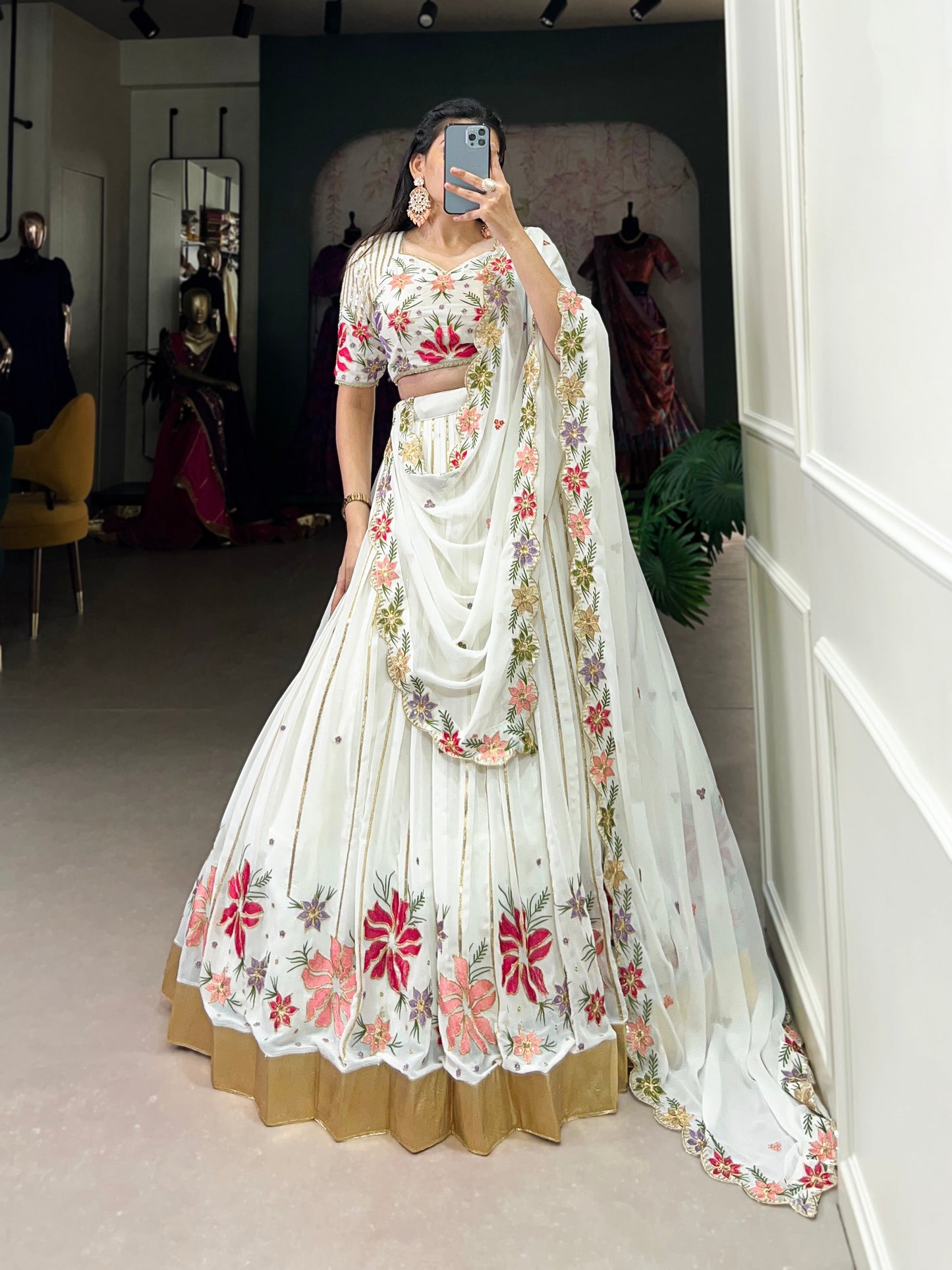Lorenvalley White Georgette Sequins and Thread Embroidery Work with Embossed Design Lace Lehenga Choli | Swadesiicart
