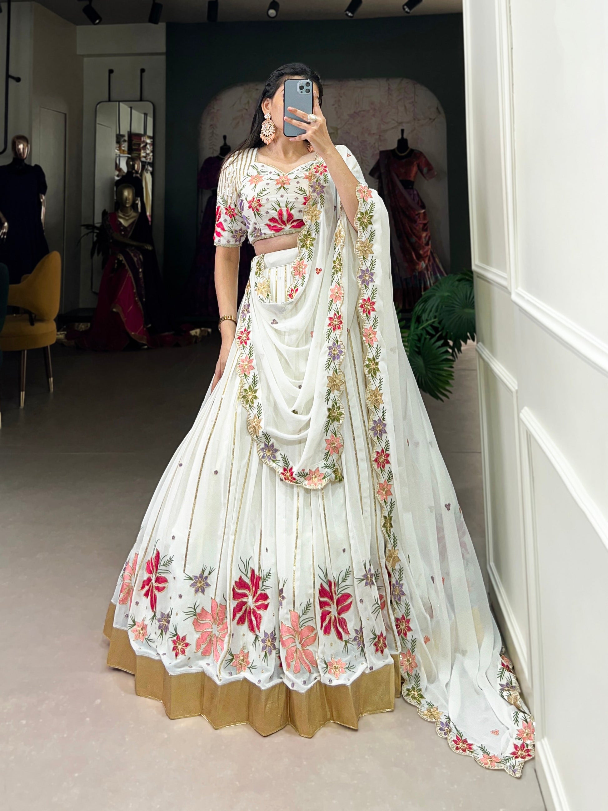 Lorenvalley White Georgette Sequins and Thread Embroidery Work with Embossed Design Lace Lehenga Choli | Swadesiicart