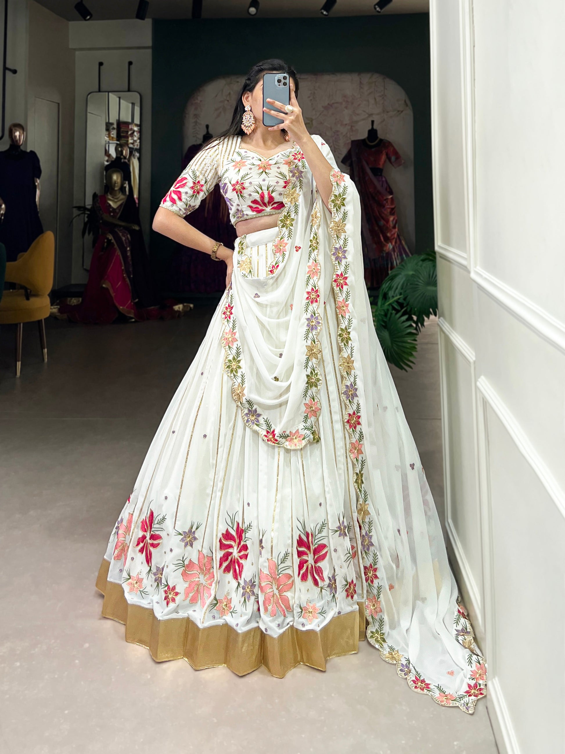 Lorenvalley White Georgette Sequins and Thread Embroidery Work with Embossed Design Lace Lehenga Choli | Swadesiicart