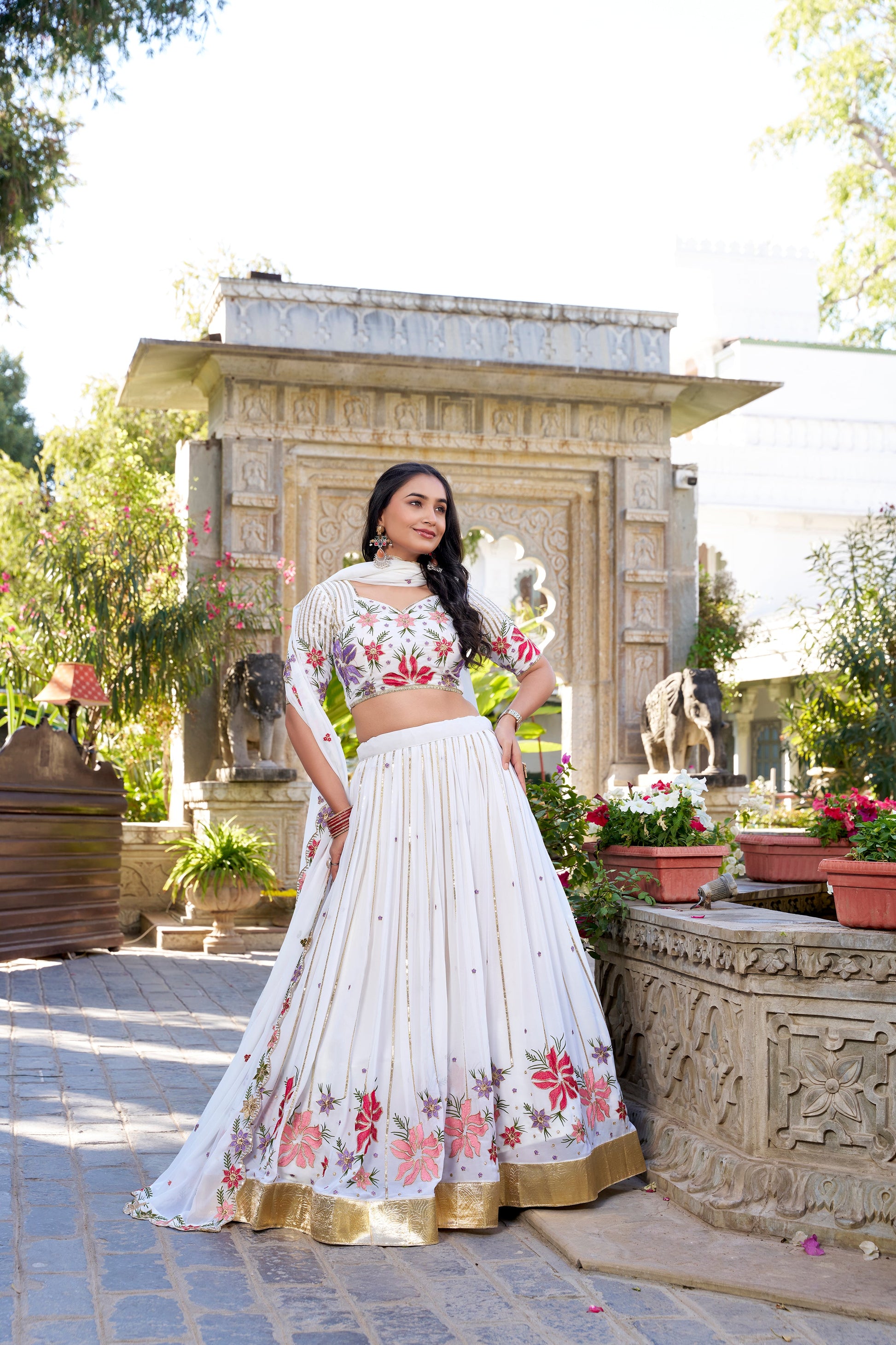 Lorenvalley Georgette Sequins and Thread Embroidery Work With Embossed Design Lace Lehenga Choli | Swadesiicart