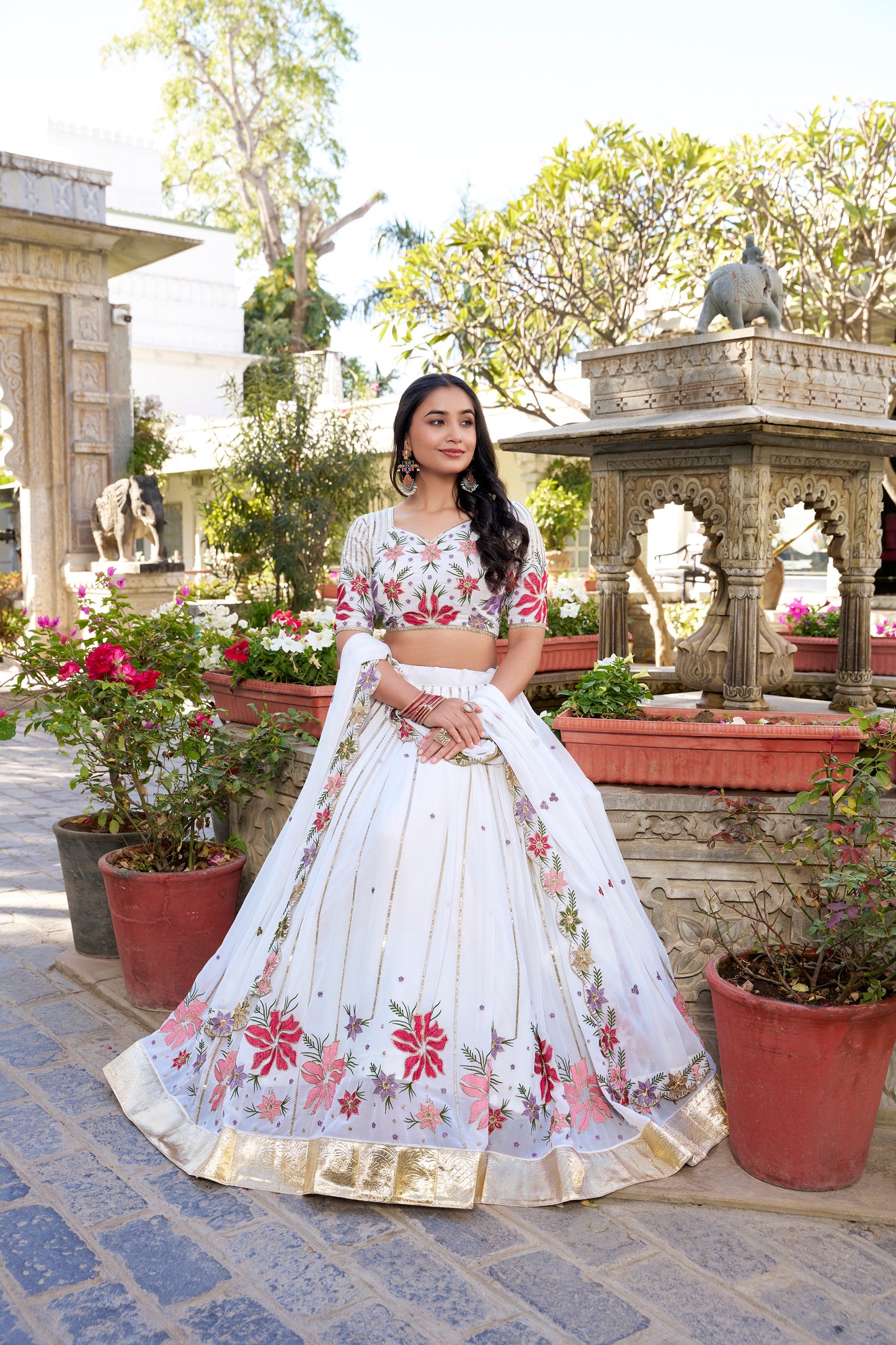Lorenvalley Georgette Sequins and Thread Embroidery Work With Embossed Design Lace Lehenga Choli | Swadesiicart