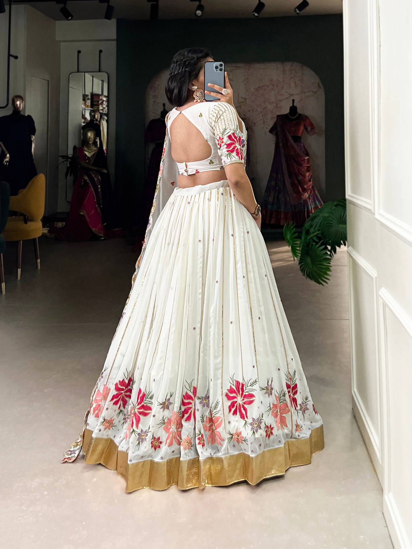 Lorenvalley White Georgette Sequins and Thread Embroidery Work with Embossed Design Lace Lehenga Choli | Swadesiicart