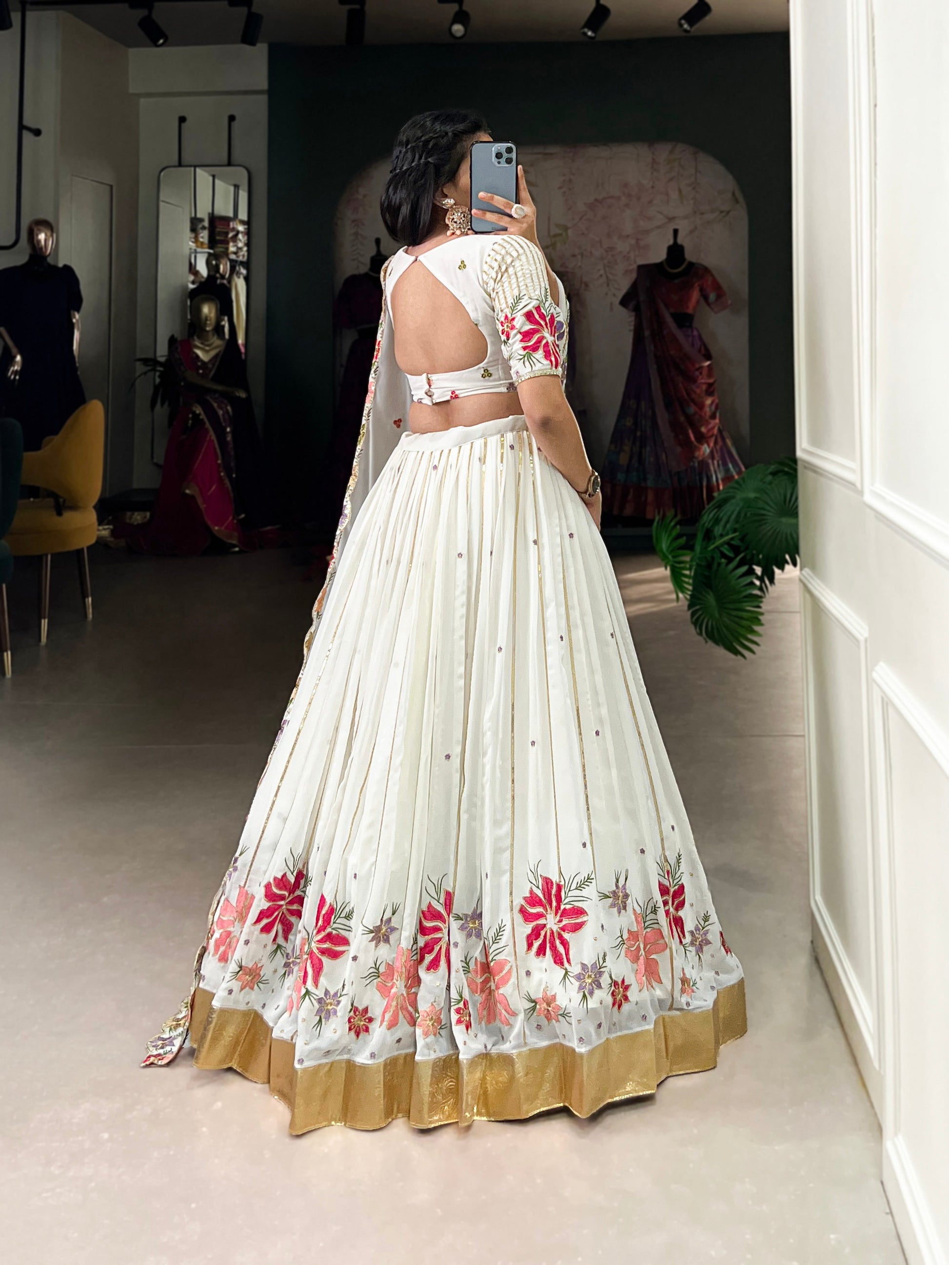 Lorenvalley White Georgette Sequins and Thread Embroidery Work with Embossed Design Lace Lehenga Choli | Swadesiicart