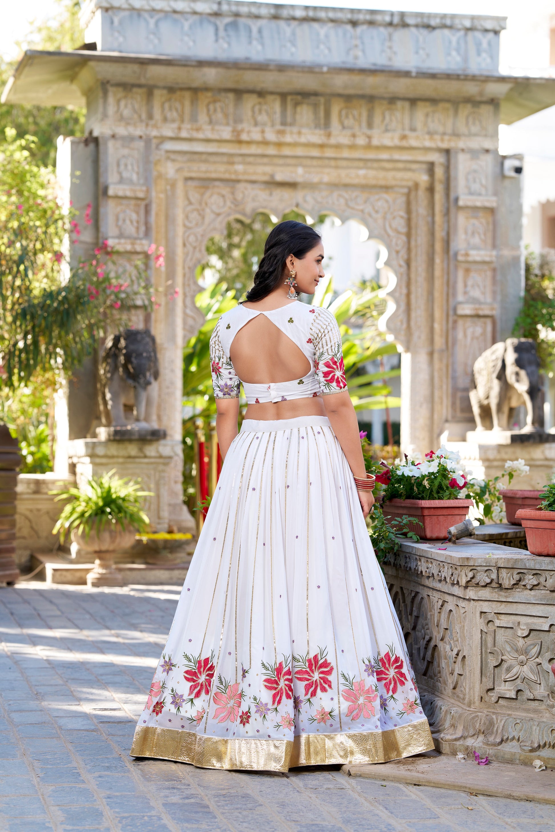 Lorenvalley Georgette Sequins and Thread Embroidery Work With Embossed Design Lace Lehenga Choli | Swadesiicart