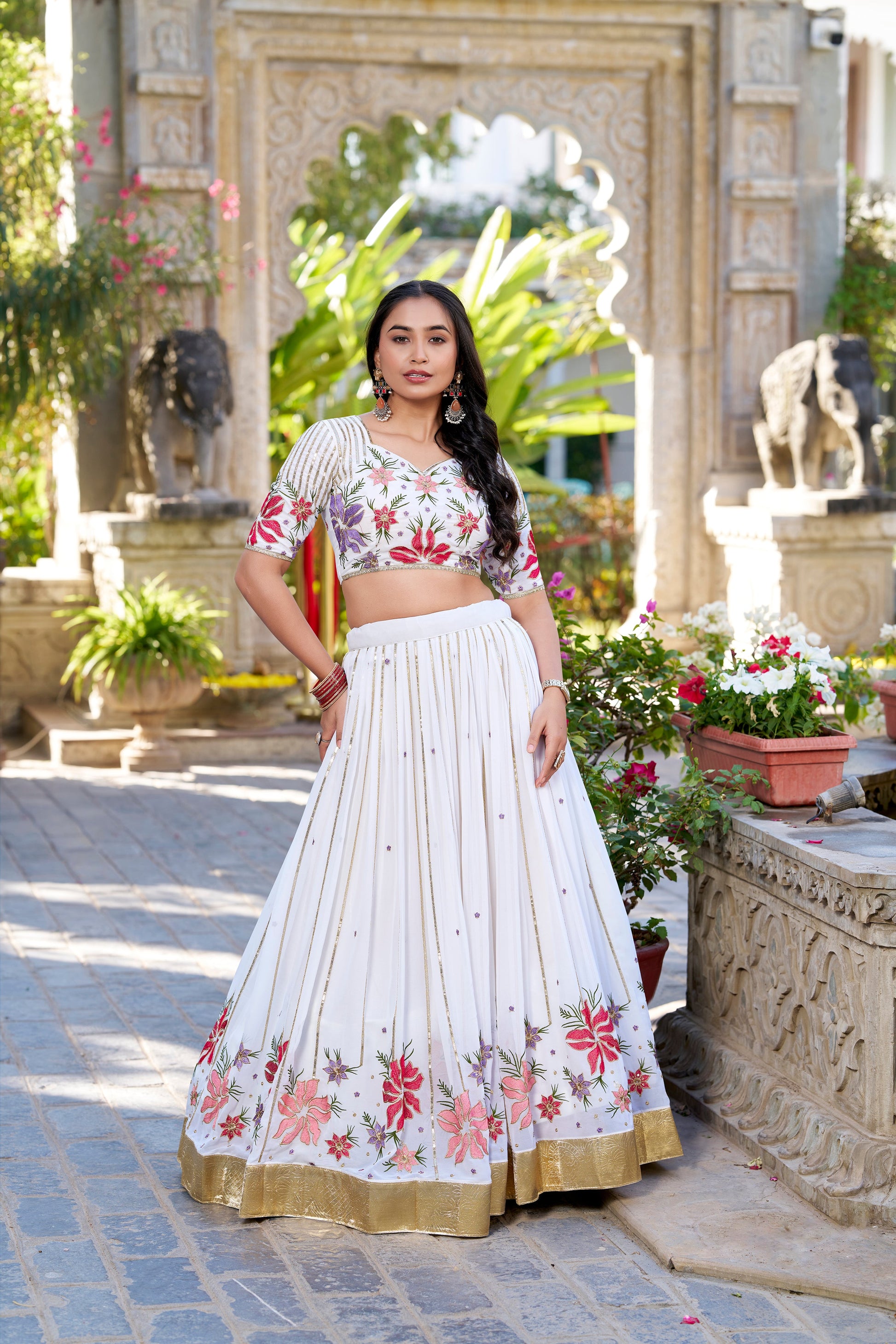 Lorenvalley Georgette Sequins and Thread Embroidery Work With Embossed Design Lace Lehenga Choli | Swadesiicart