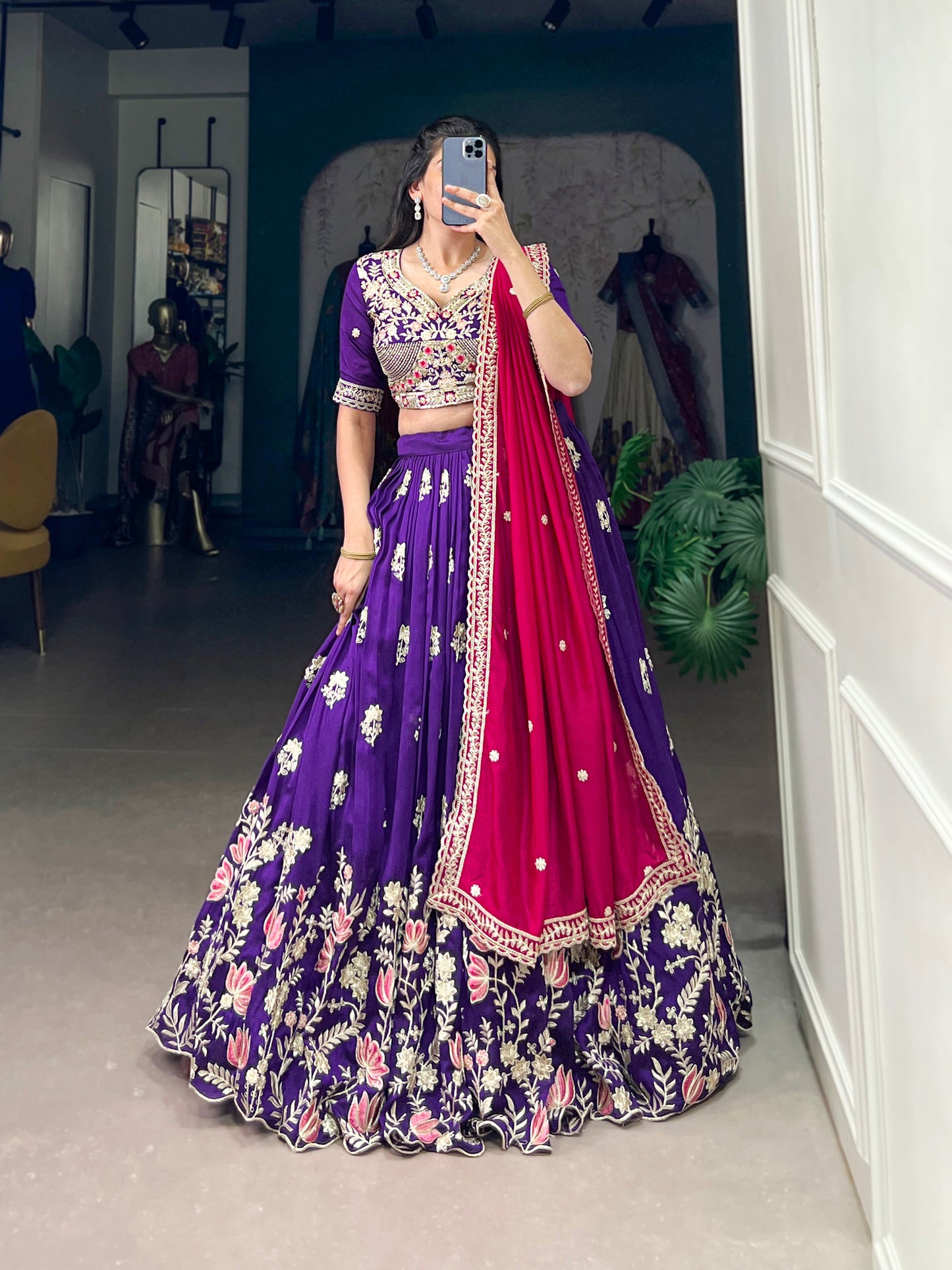 Lorenvalley Purple Vichitra Silk Sequins and Thread Embroidery Work Lehenga Choli | Swadesiicart