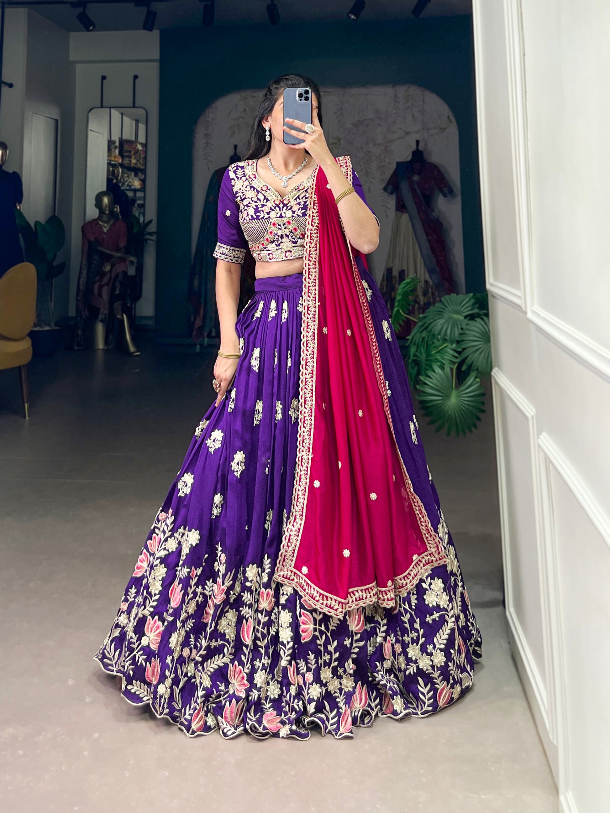 Lorenvalley Purple Vichitra Silk Sequins and Thread Embroidery Work Lehenga Choli | Swadesiicart