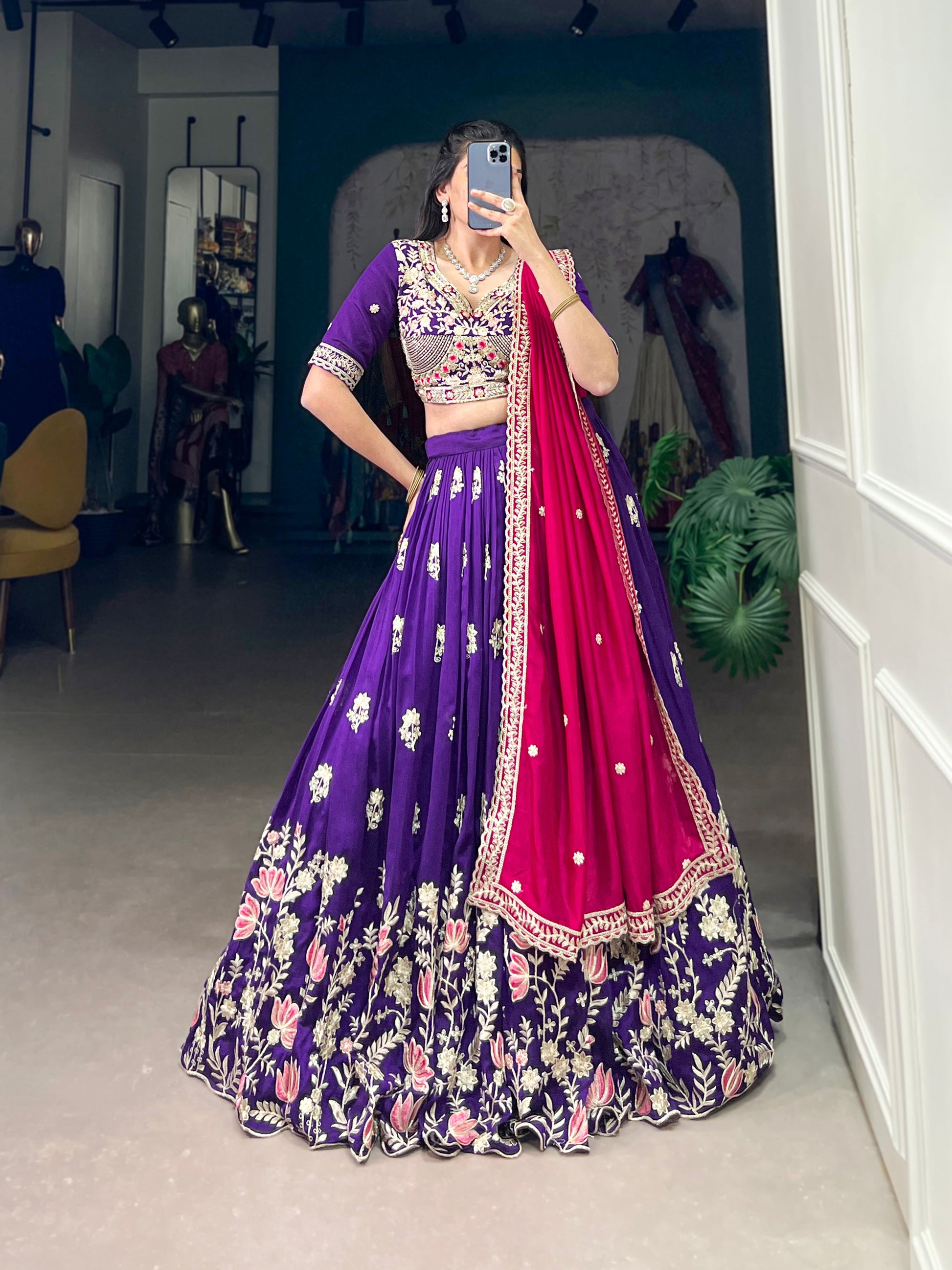 Lorenvalley Purple Vichitra Silk Sequins and Thread Embroidery Work Lehenga Choli | Swadesiicart